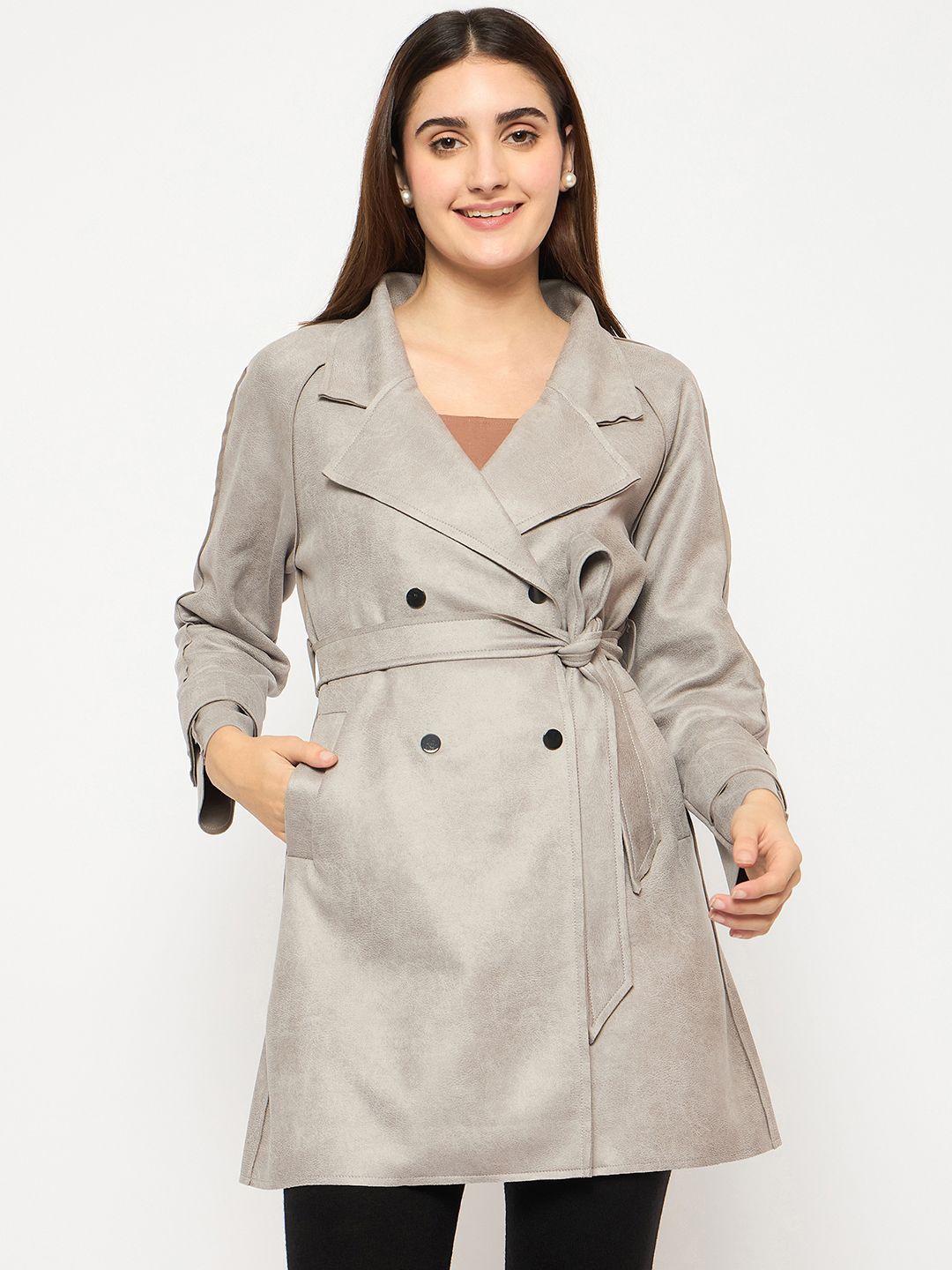 

Madame Notched Lapel Collar Double-Breasted Long Overcoat, Grey