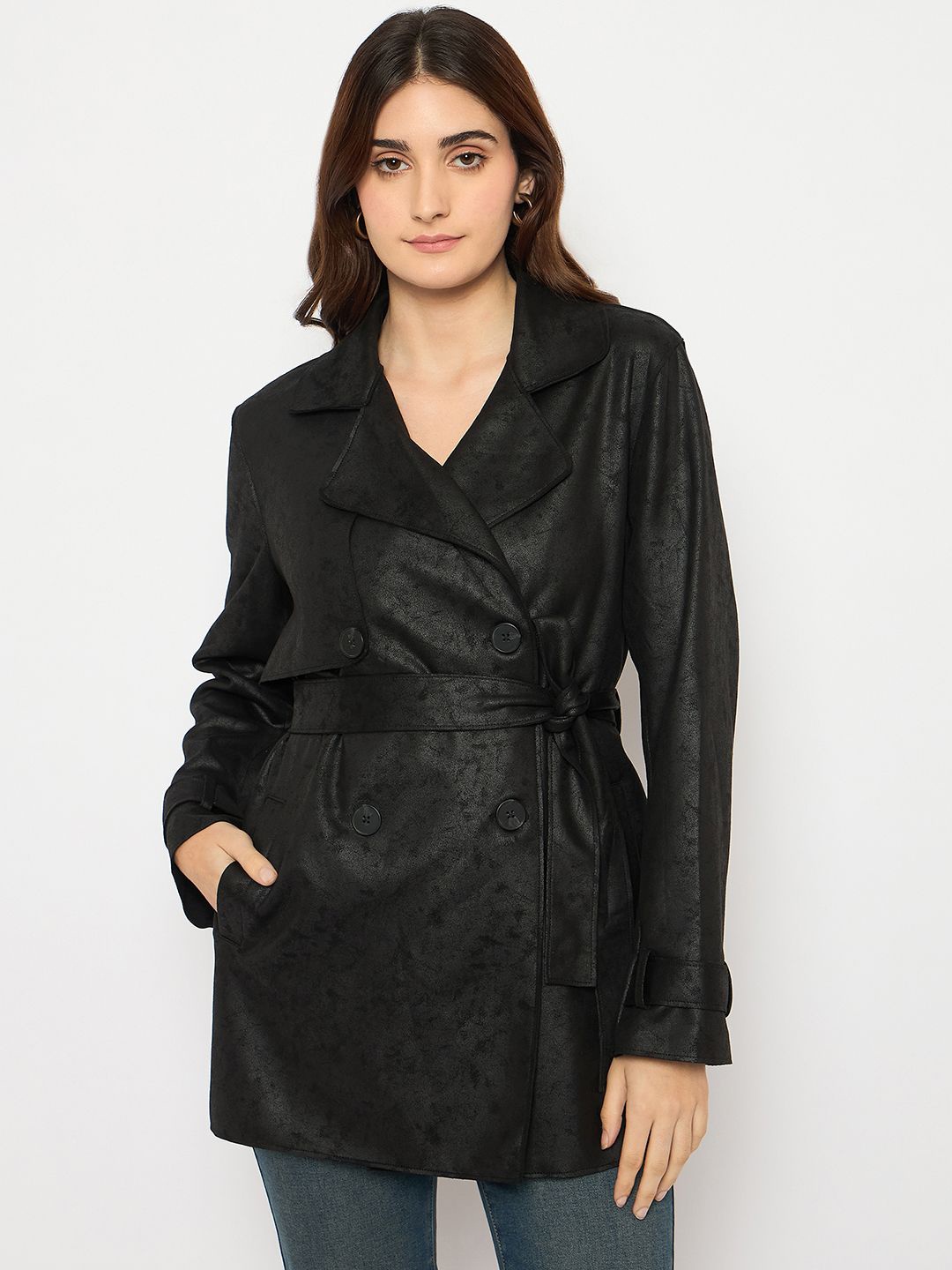 

Madame Notched Lapel Collar Double-Breasted Trench Coat, Black