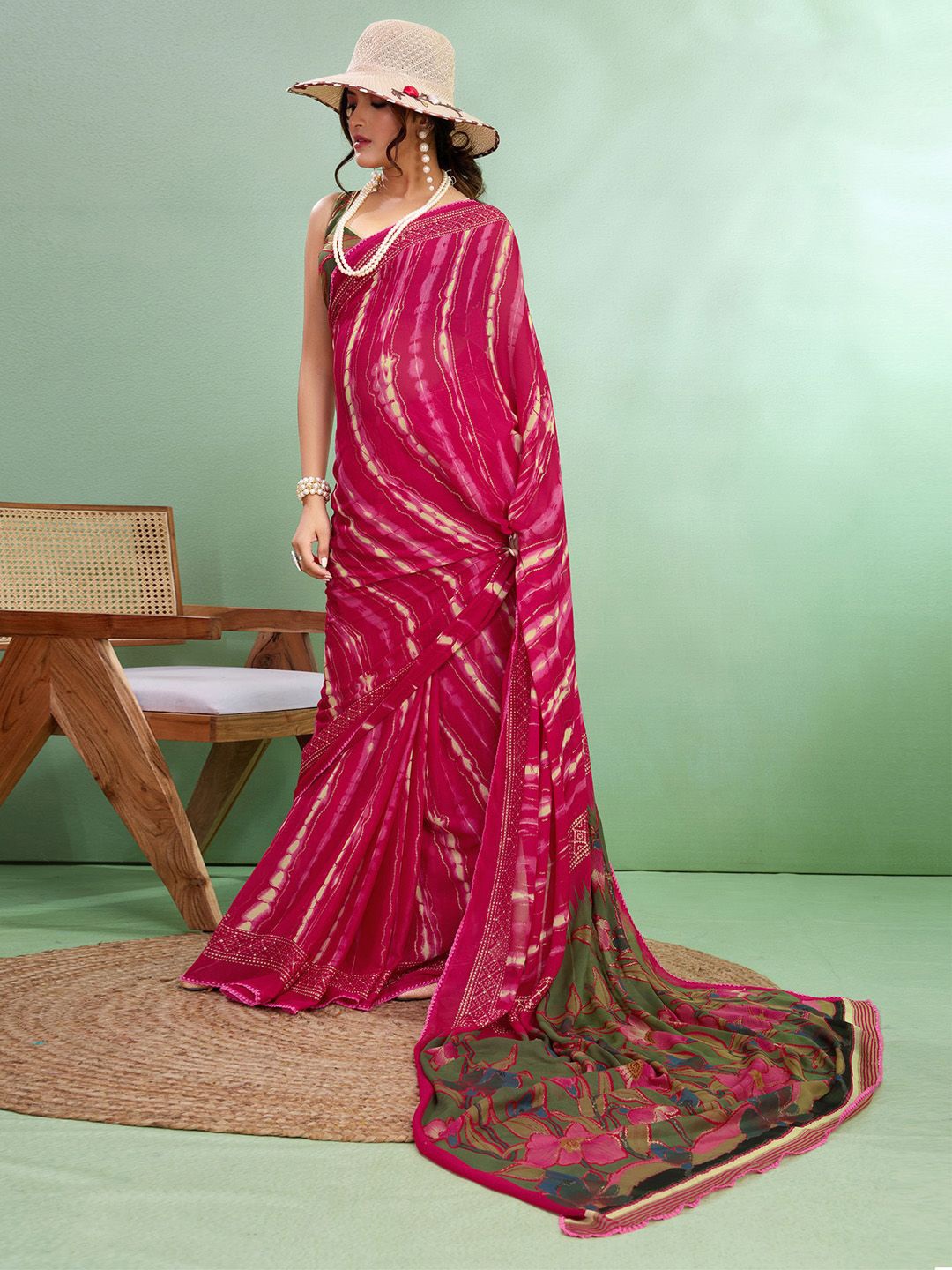 

Sangria Block Printed Saree With Blouse Piece, Pink