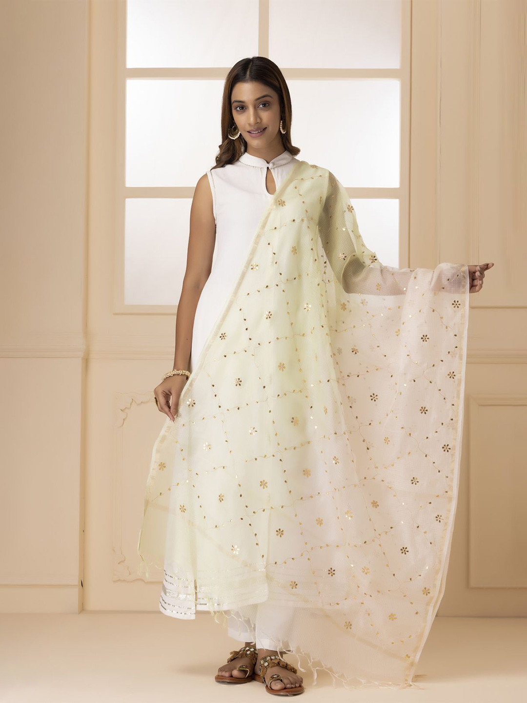 

Geroo Luxe Floral Embroidered Gota Jaal Work Pure Kota Silk Dupatta, White