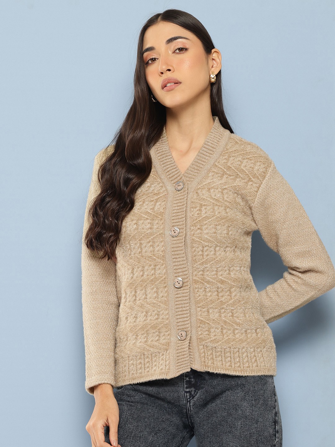 

Aarika Women Cable Knit Woollen Cardigan, Beige