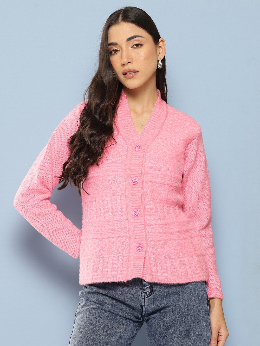 

Aarika Women Cable Knit Woollen Cardigan, Pink