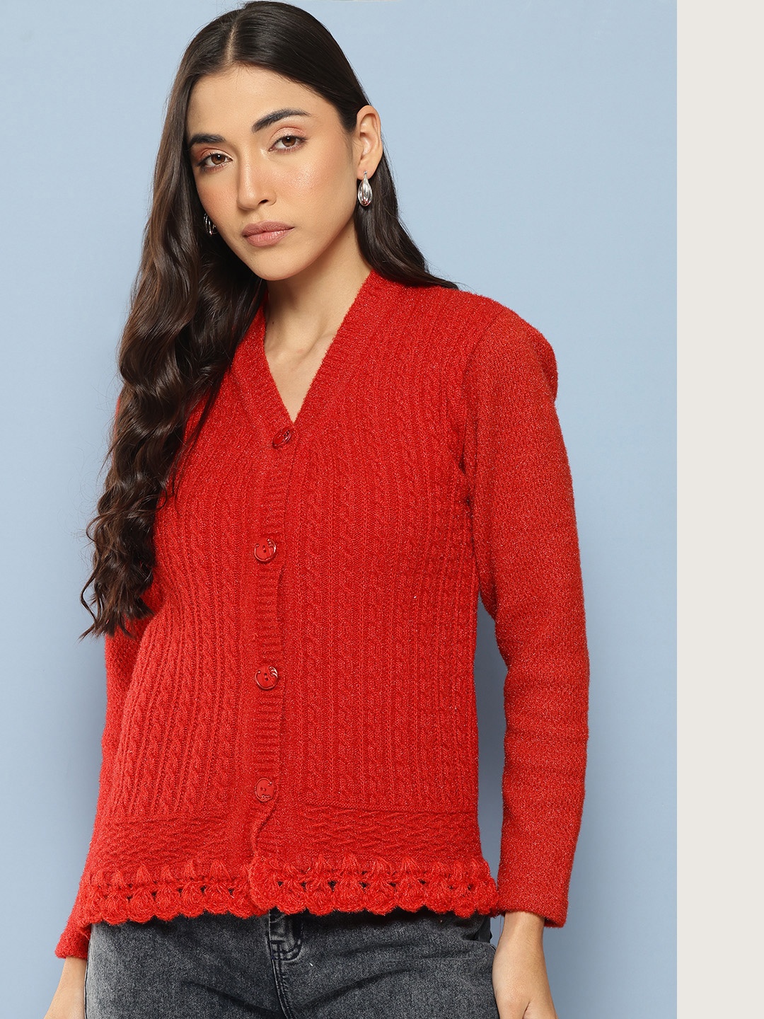 

Aarika Cable Knit Woollen Cardigan, Red