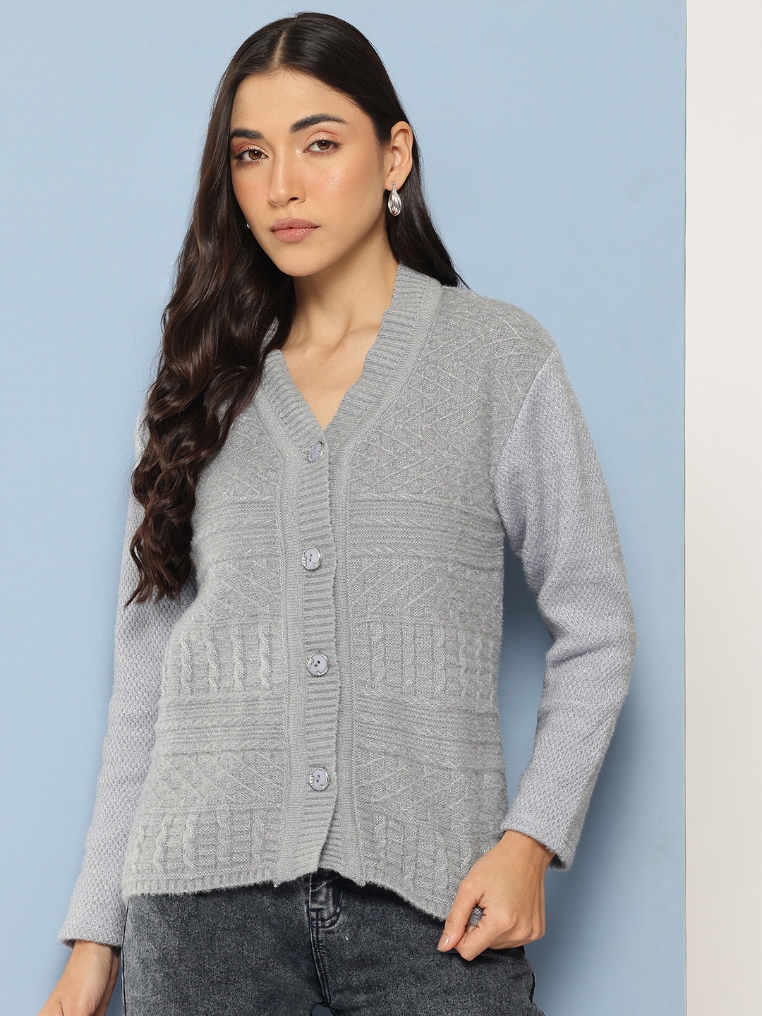 

Aarika Cable Knit Woollen Cardigan, Grey