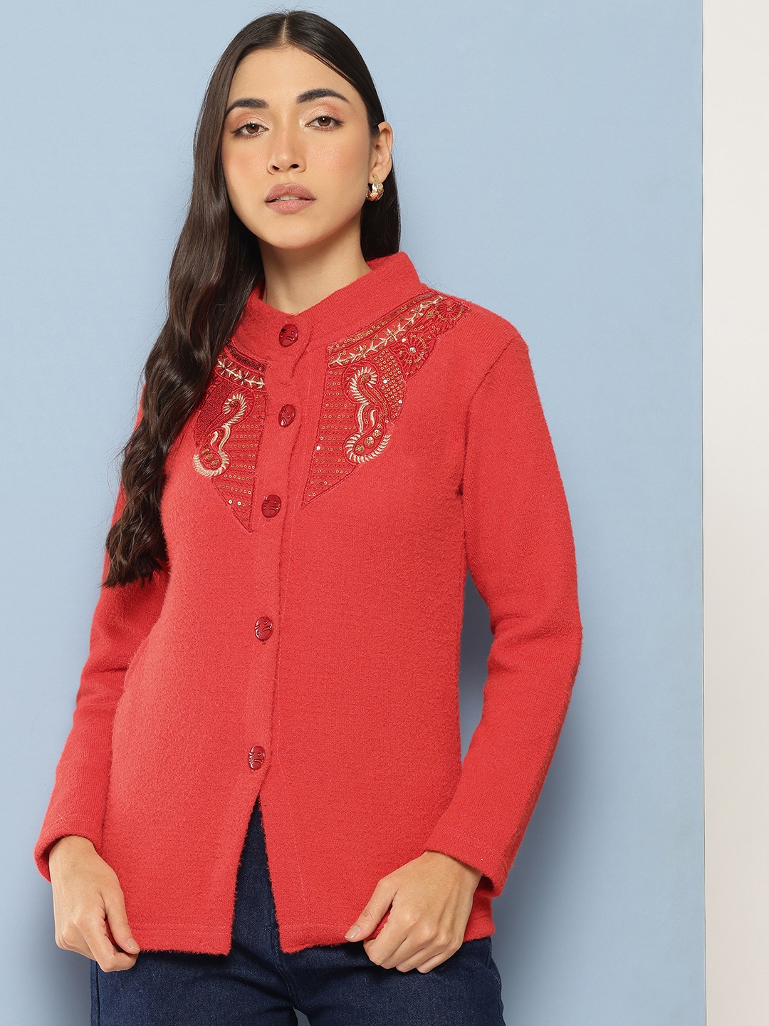 

Aarika Ethnic Motifs Embellished Woollen Sweaters, Red