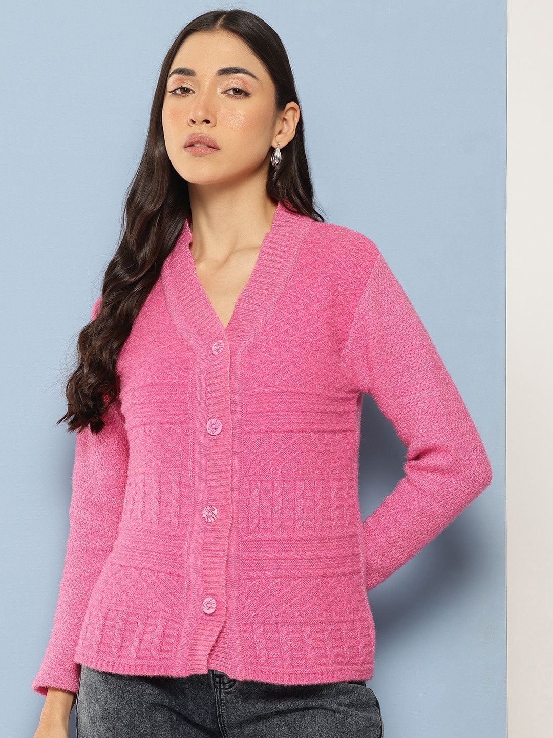 

Aarika Cable Knit Woollen Cardigan, Pink