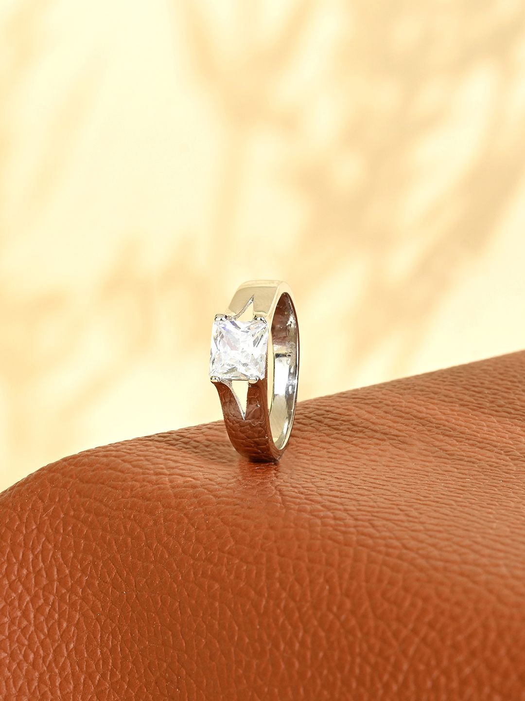 

TOUCH925 Men 925 Pure Silver Cubic Zirconia Stone Studded Square Finger Ring