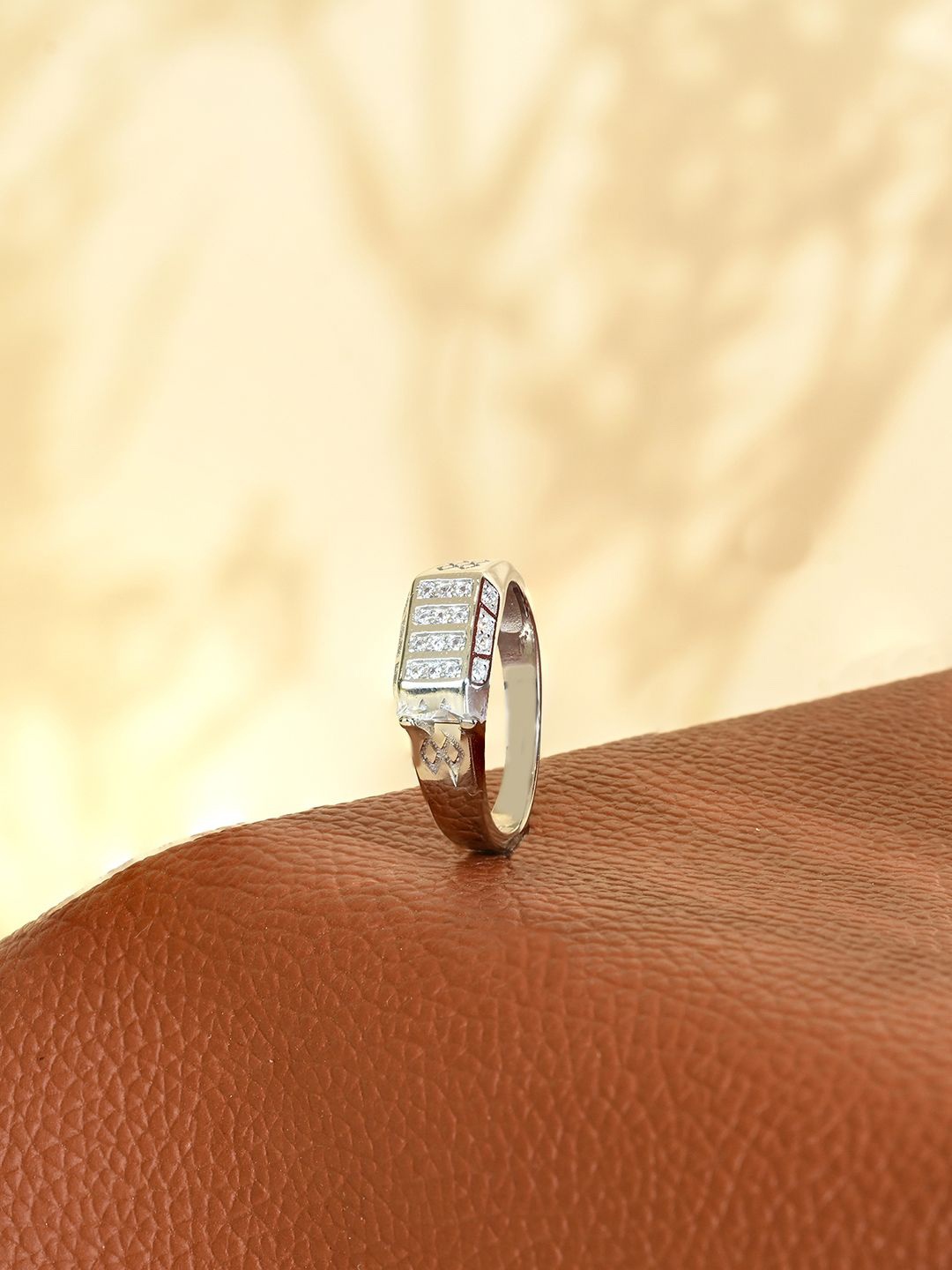

TOUCH925 Men 925 Silver-Plated Cubic Zirconia Stone Studded Bold Finger Ring