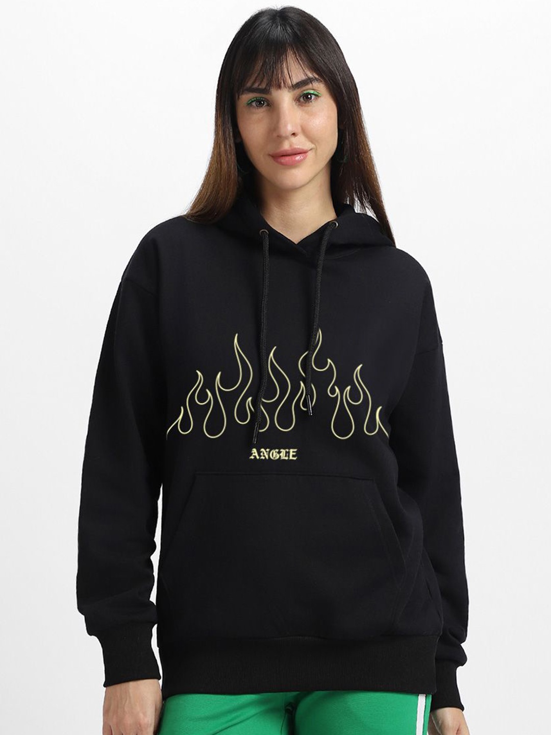 

JUNEBERRY Women Printed Hooded Sweatshirt, Black