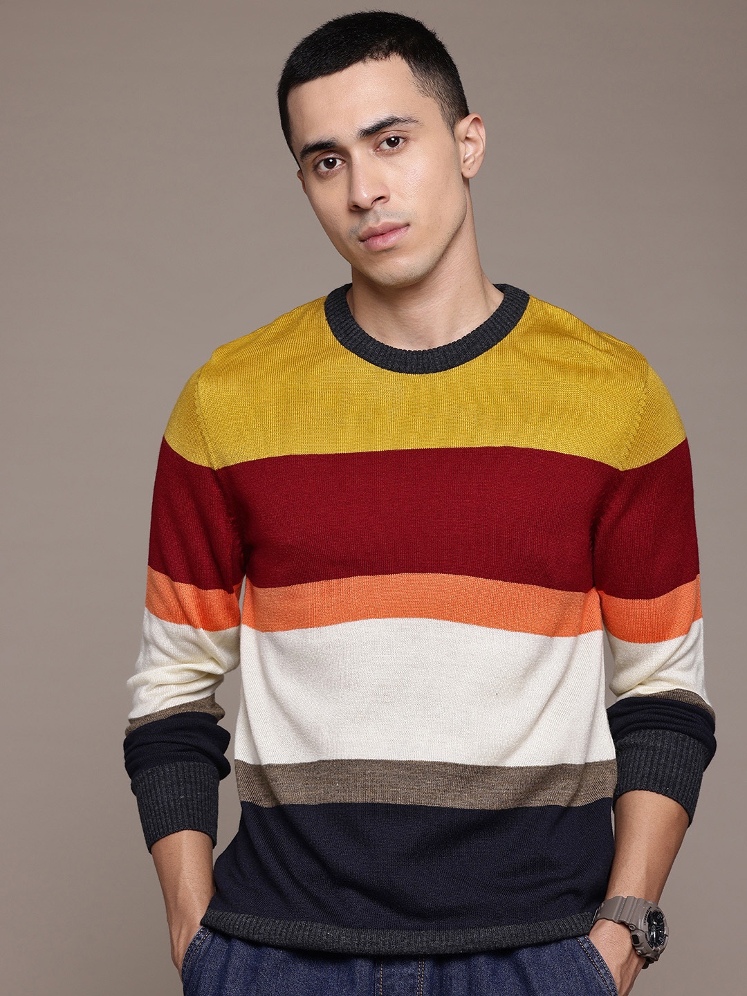 

The Roadster Lifestyle Co. Colourblocked Striped Pullover, Mustard