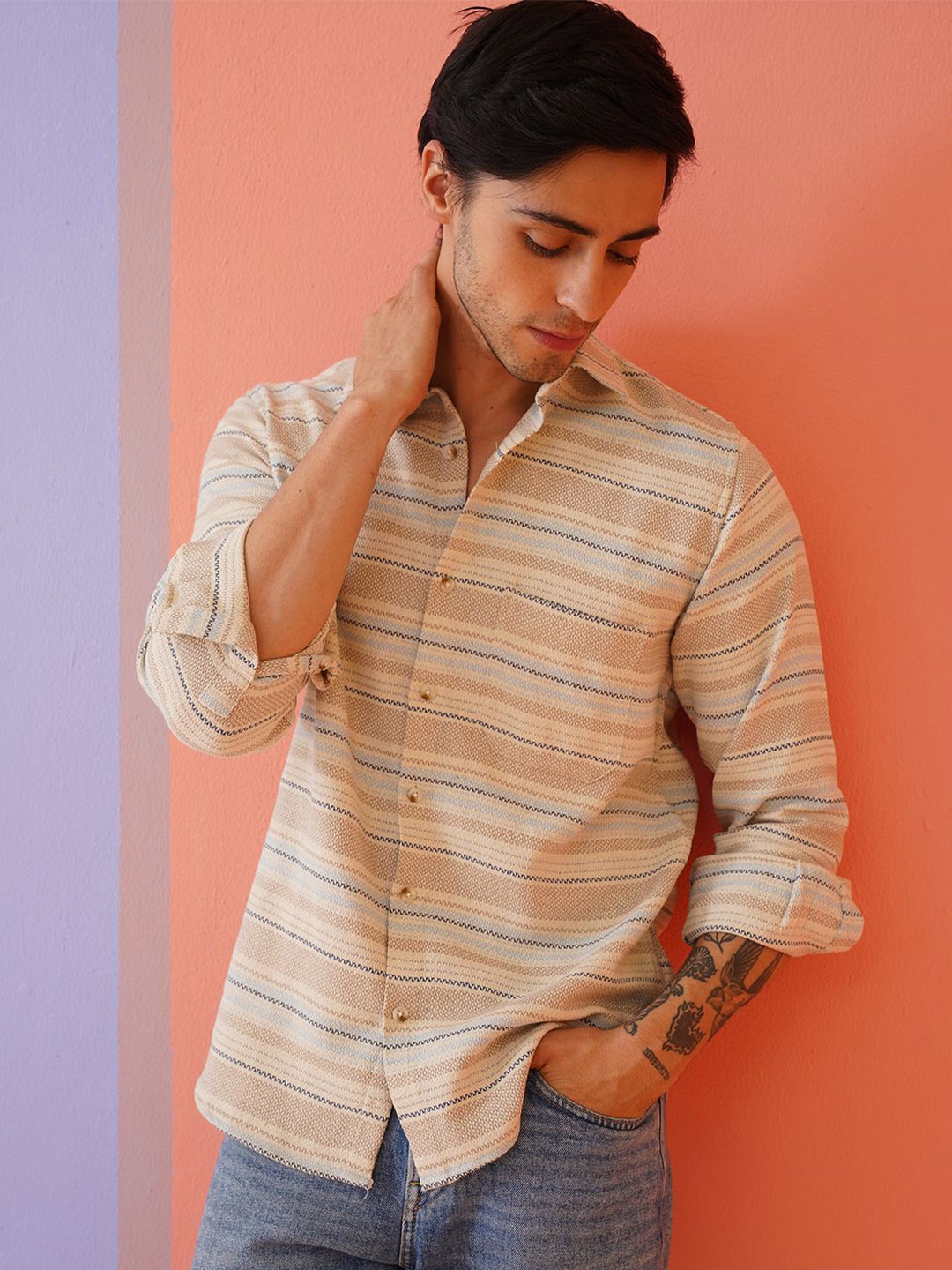 

Indian Needle Men Classic Spread Collar Horizontal Striped Cotton Casual Shirt, Cream