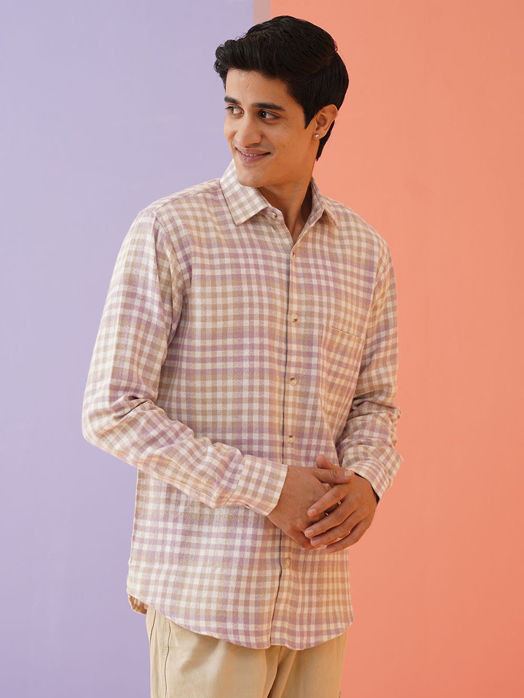 

Indian Needle Men Classic Spread Collar Gingham Checked Cotton Casual Shirt, Purple