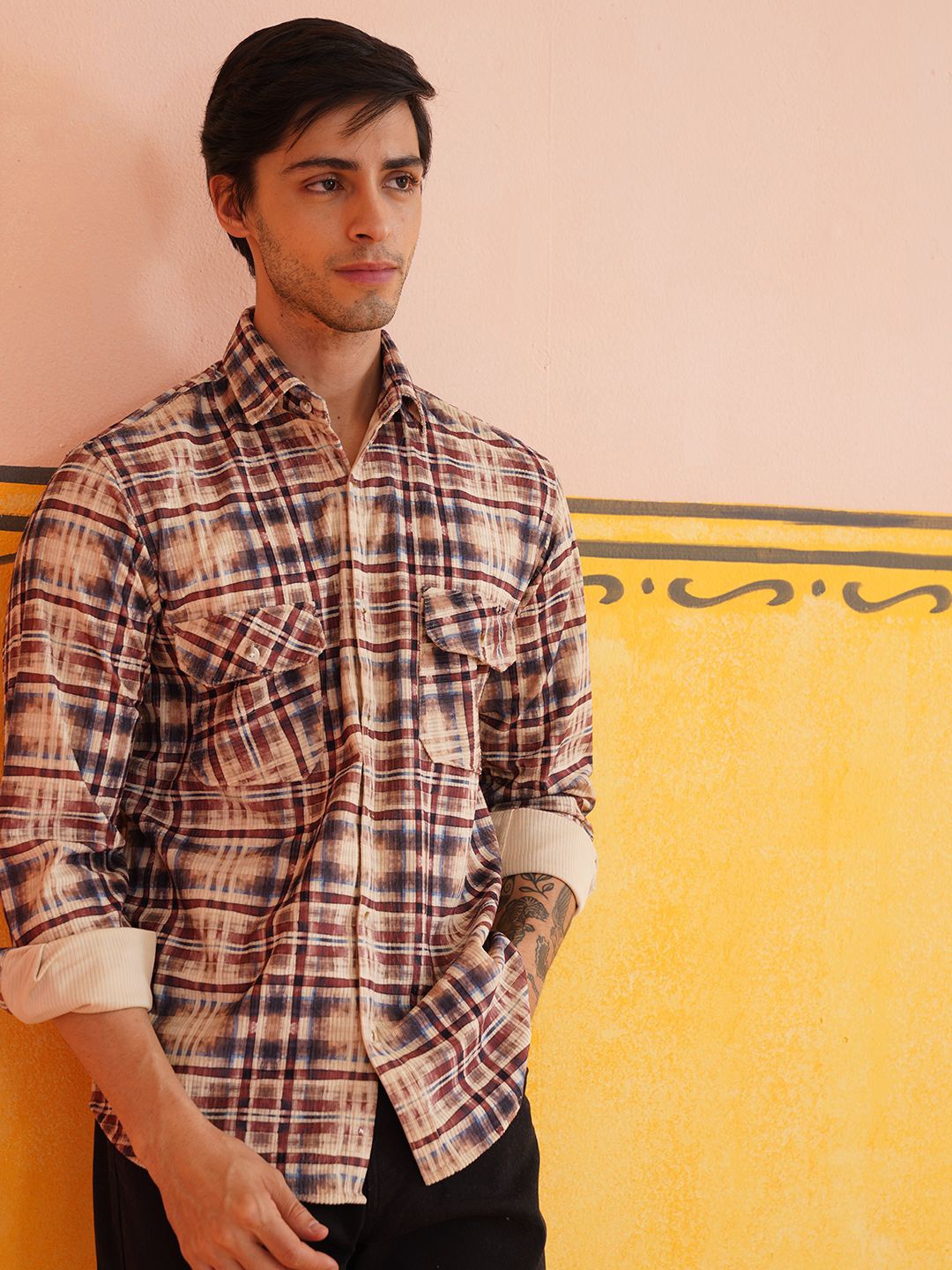 

Indian Needle Men Classic Fit Spread Collar Tartan Checked Cotton Casual Shirt, Beige