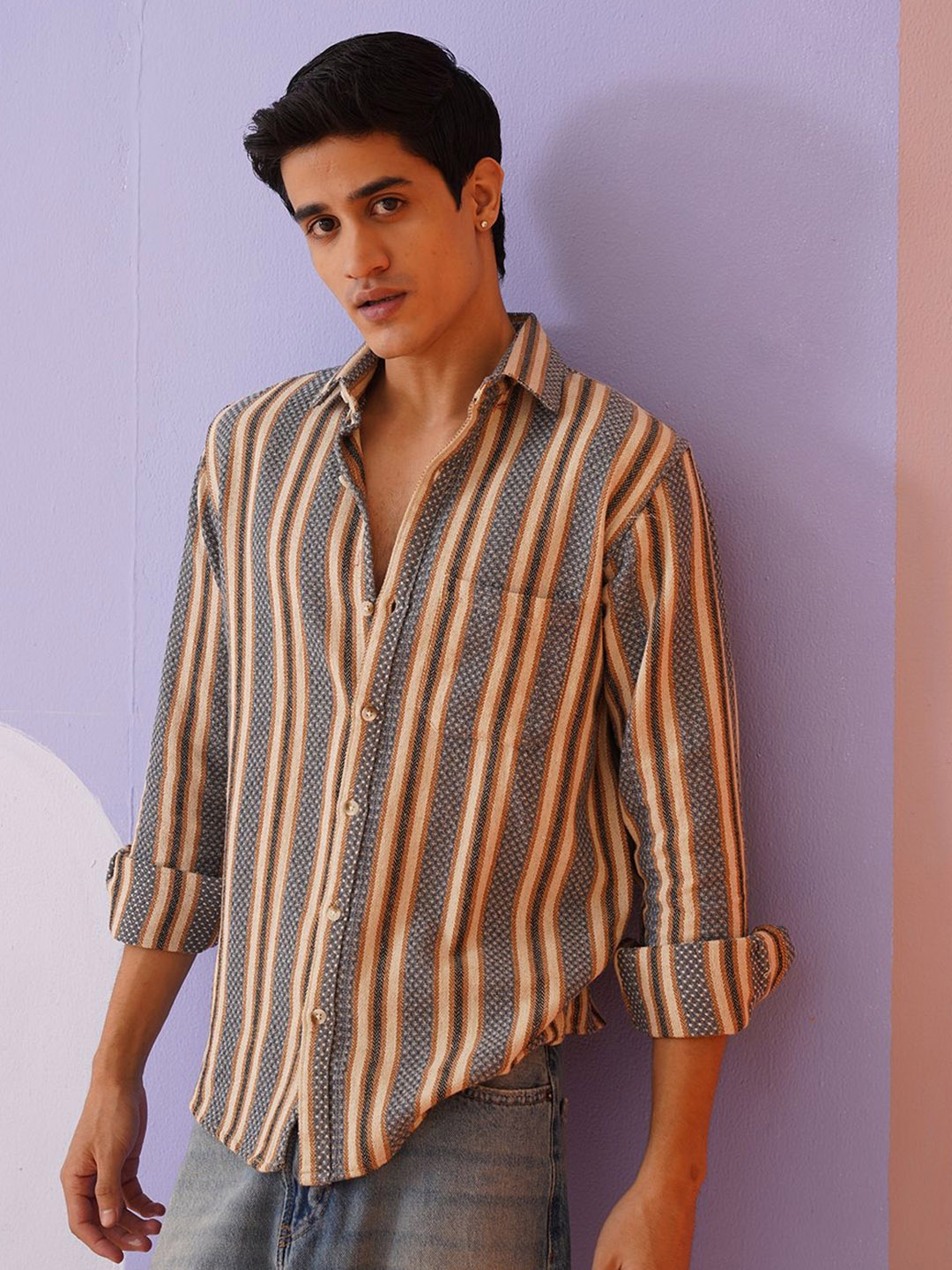 

Indian Needle Men Classic Spread Collar Vertical Striped Cotton Relaxed Fit Casual Shirt, Teal