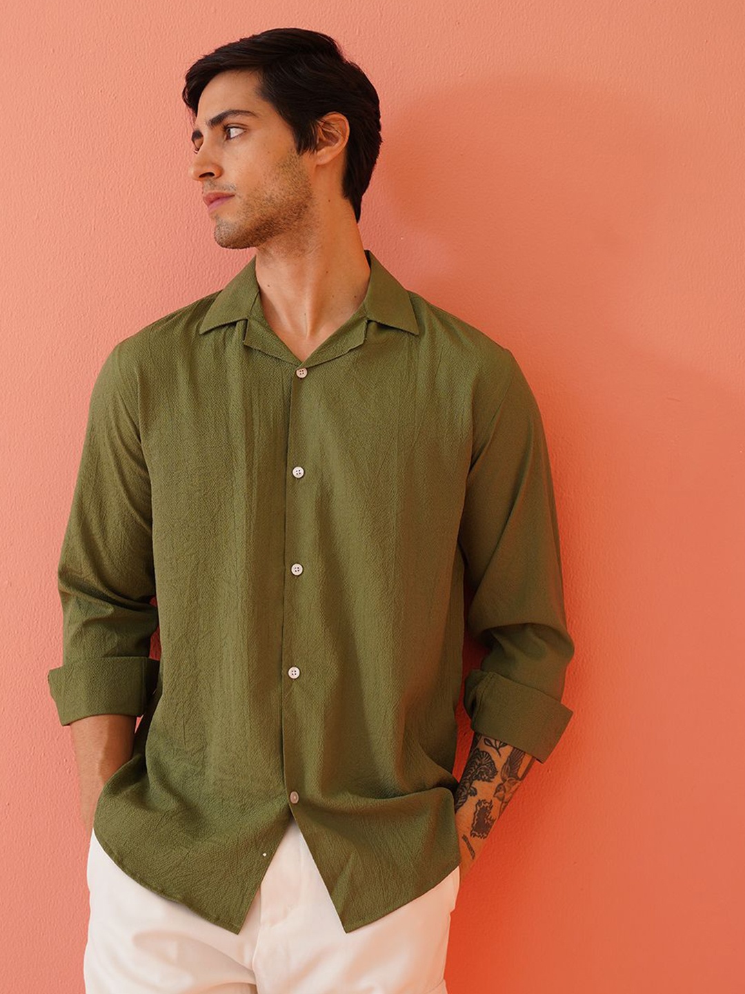 

Indian Needle Men Classic Cuban Collar Textured Cotton Casual Shirt, Green