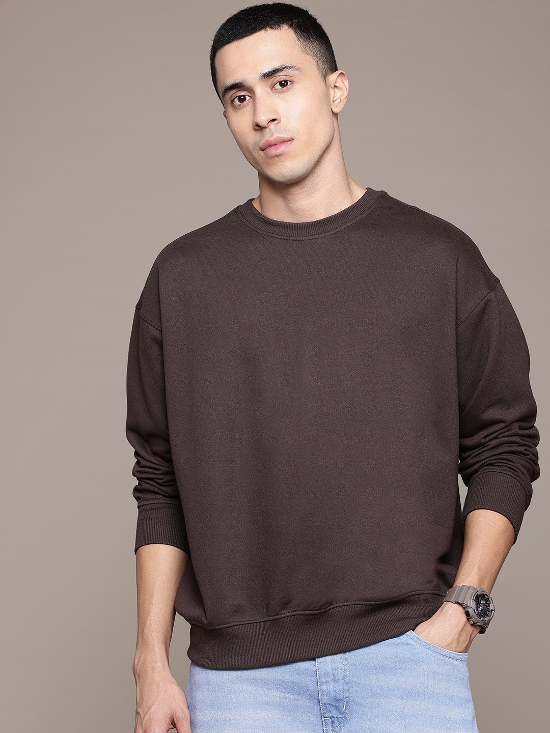 

The Roadster Lifestyle Co. Solid Oversized Sweatshirt, Coffee brown
