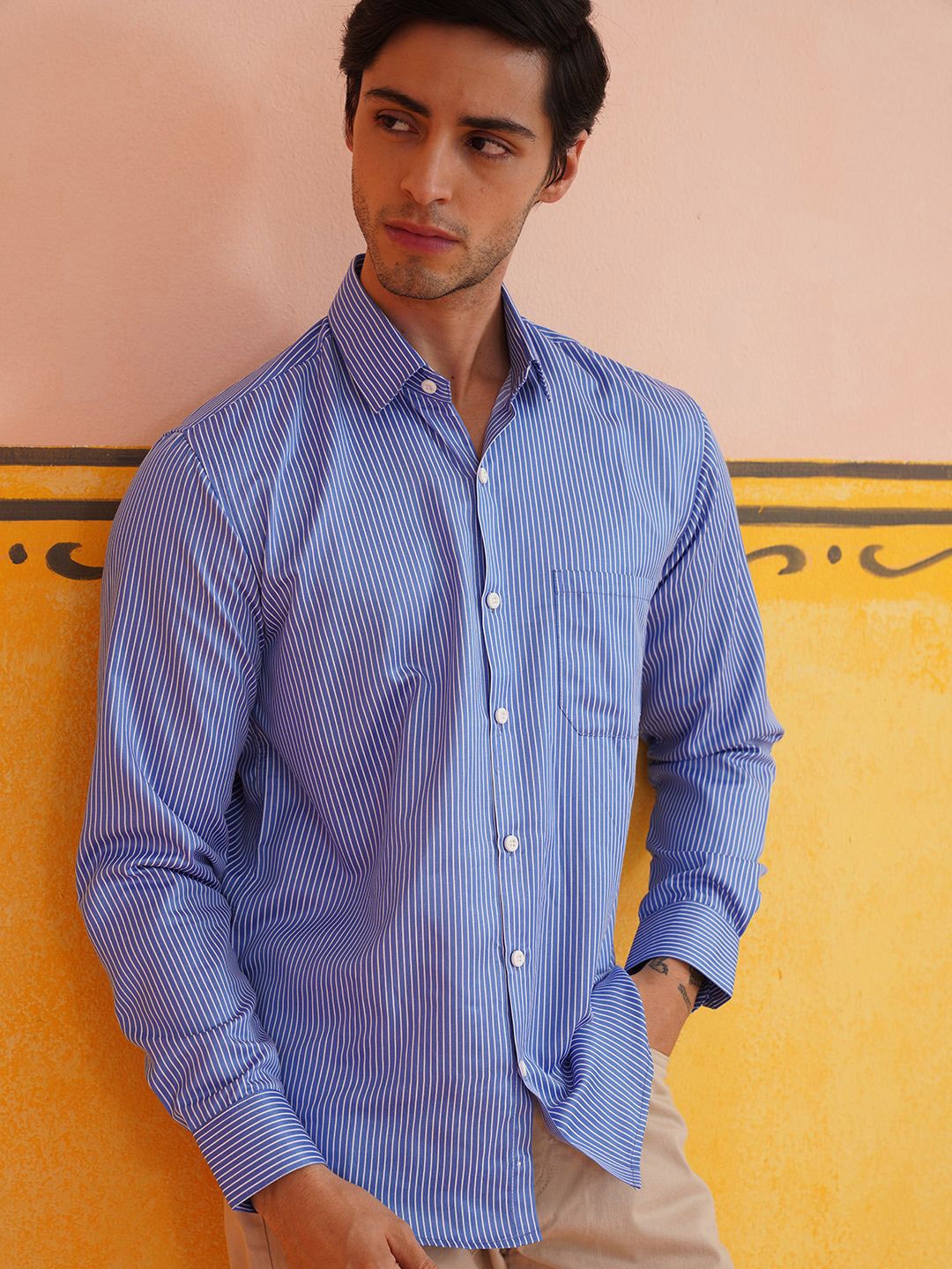 

Indian Needle Men Classic Spread Collar Vertical Striped Cotton Casual Shirt, Blue