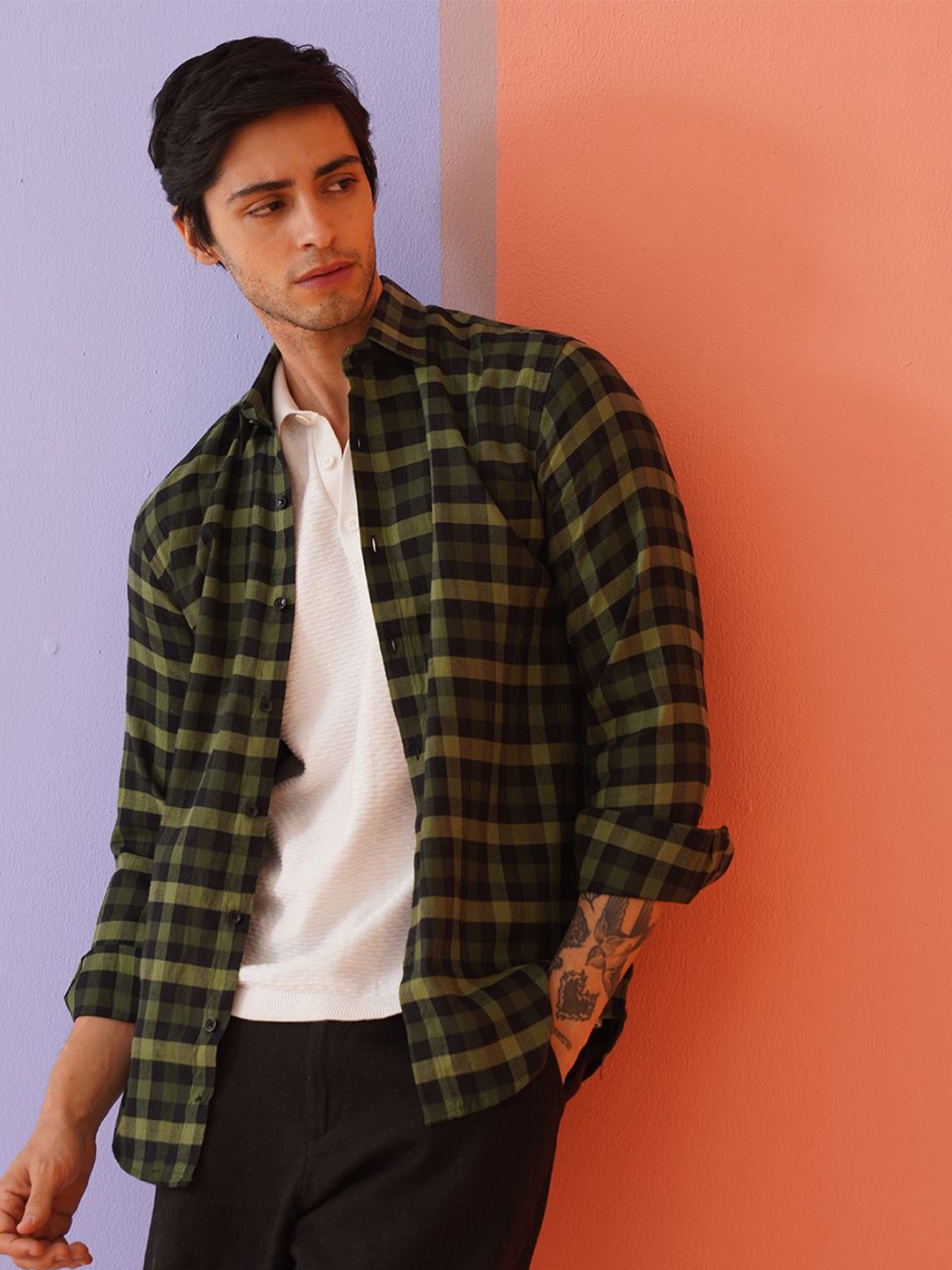 

Indian Needle Men Classic Spread Collar Checked Cotton Casual Shirt, Olive