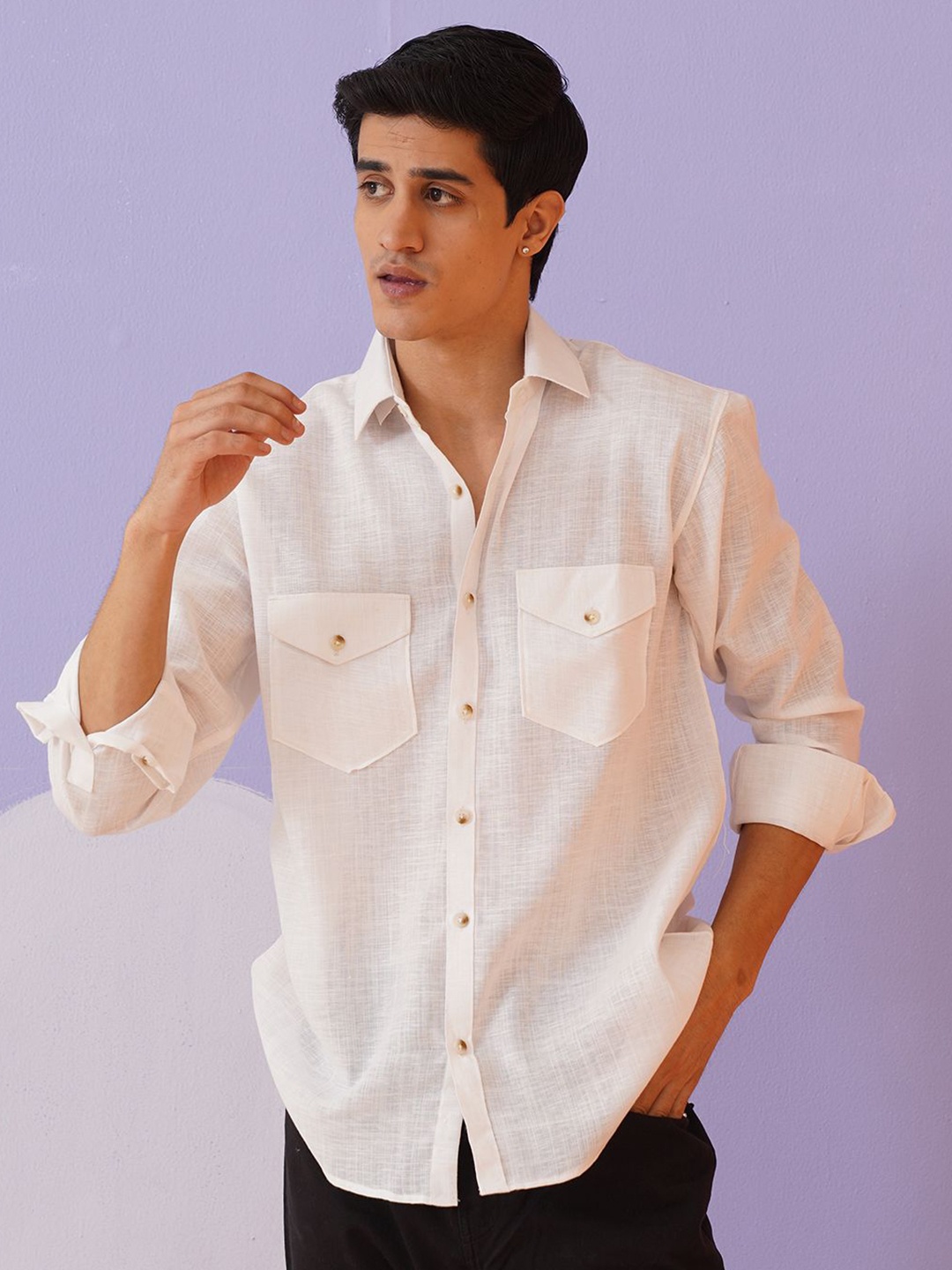 

Indian Needle Men Classic Spread Collar Solid Cotton Casual Shirt, White