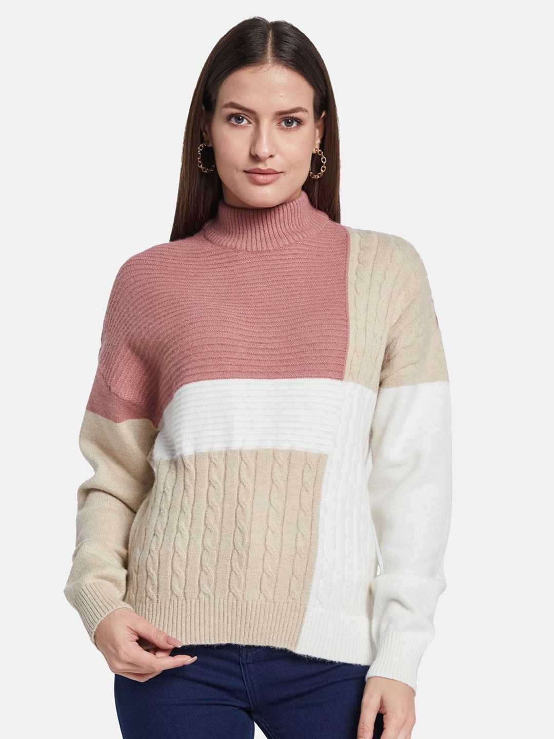 

METTLE Women Colourblocked Pullover, Pink