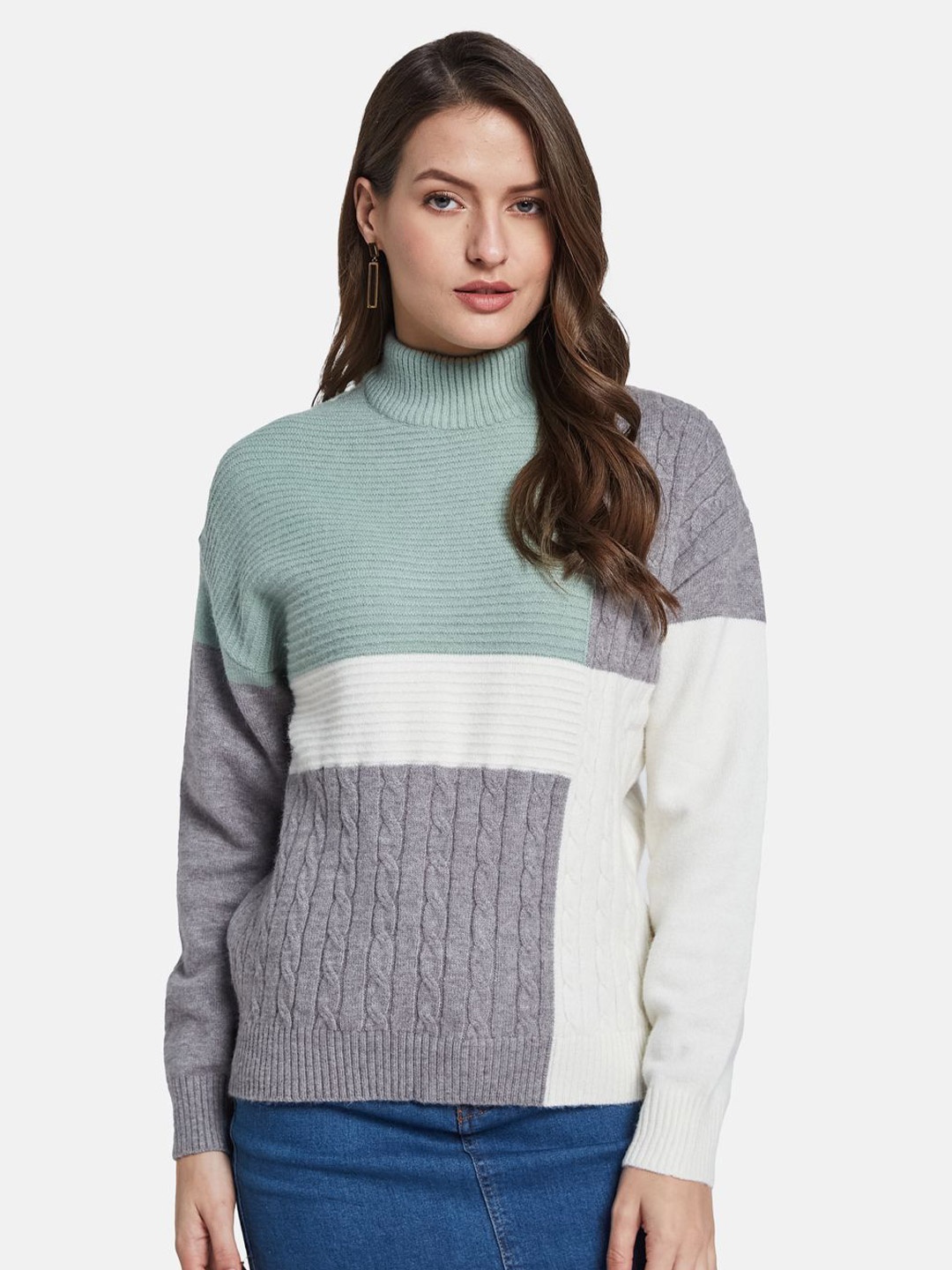 

METTLE Women Colourblocked Pullover, Green