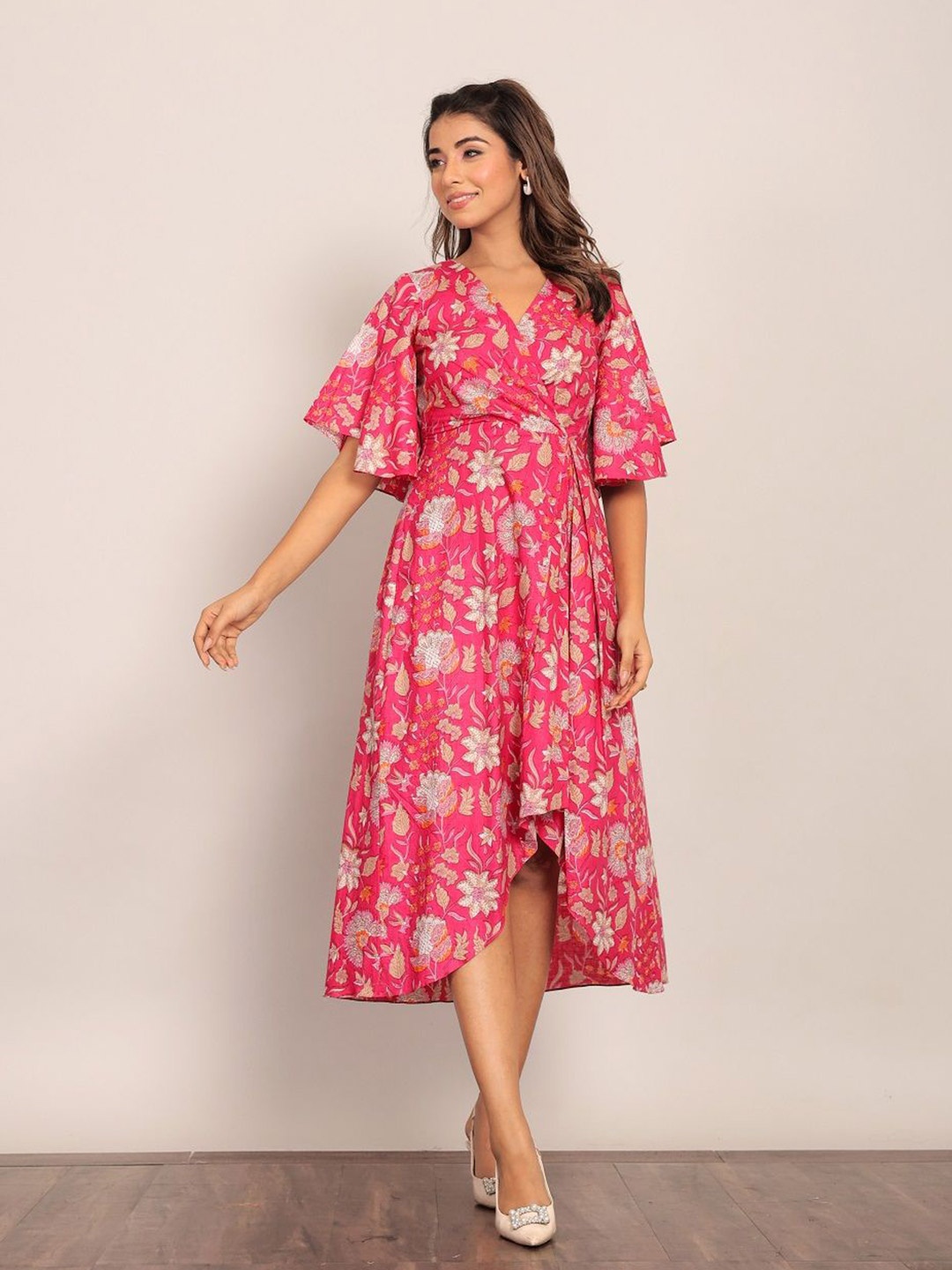 

KAORI BY SHREYA AGARWAL Floral Print Flared Sleeve Fit & Flare Midi Dress, Pink