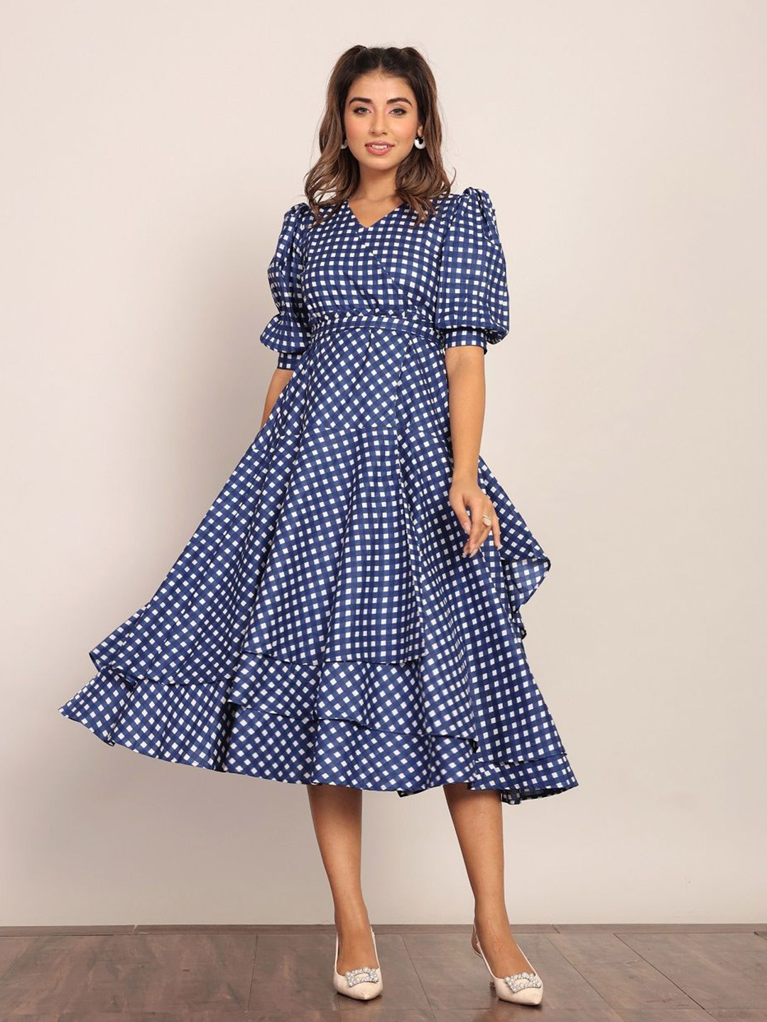 

KAORI BY SHREYA AGARWAL Checked Puff Sleeve Fit & Flare Dress, Blue