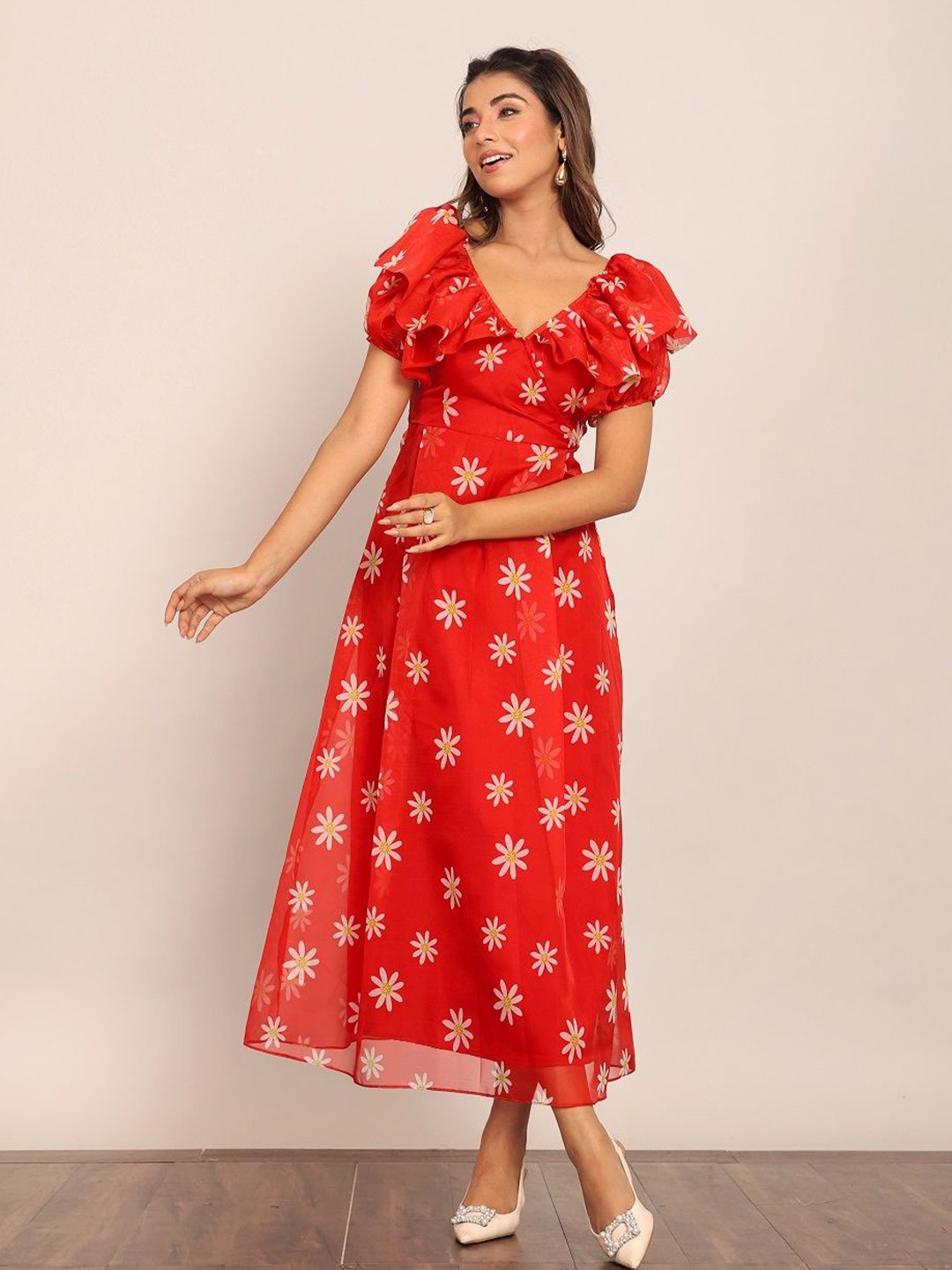 

KAORI BY SHREYA AGARWAL Floral Print Flared Sleeve Fit & Flare Midi Dress, Orange