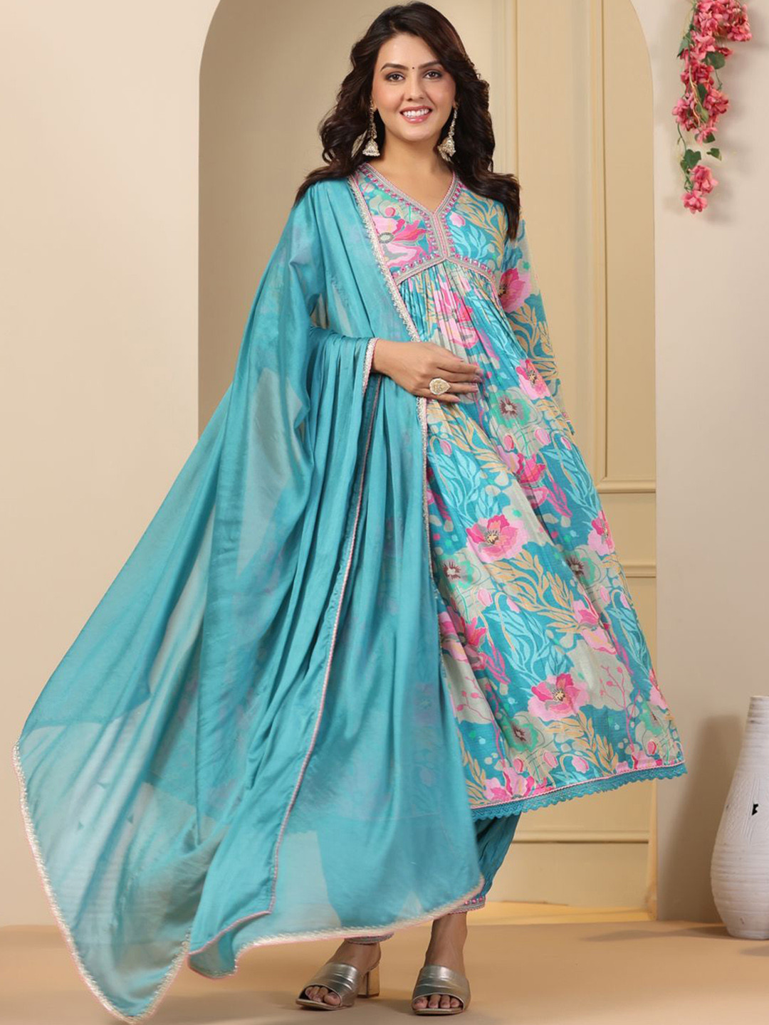 

Rujave Paisley Printed Empire Thread Work Brocade Anarkali Kurta With Trouser & Dupatta, Turquoise blue