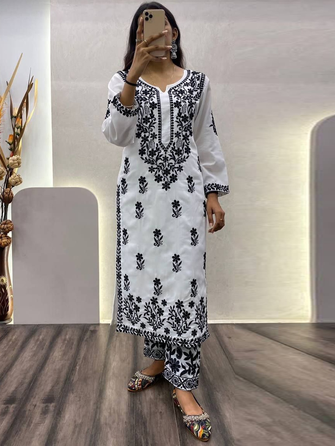

Rujave Floral Embroidered A-Line Kurta With Trouser, White