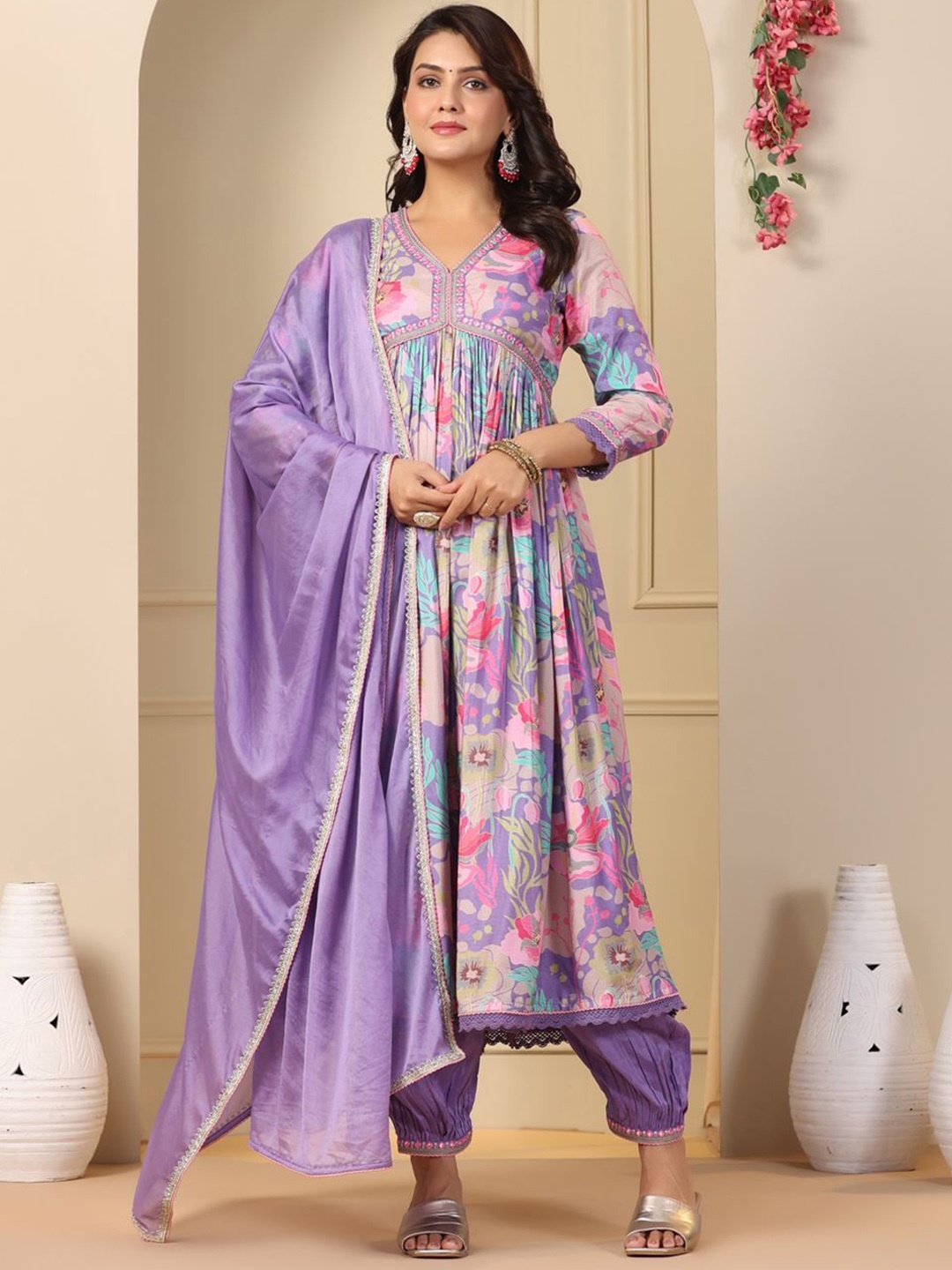

Rujave Paisley Printed Empire Brocade Anarkali Kurta With Salwar & Dupatta, Purple