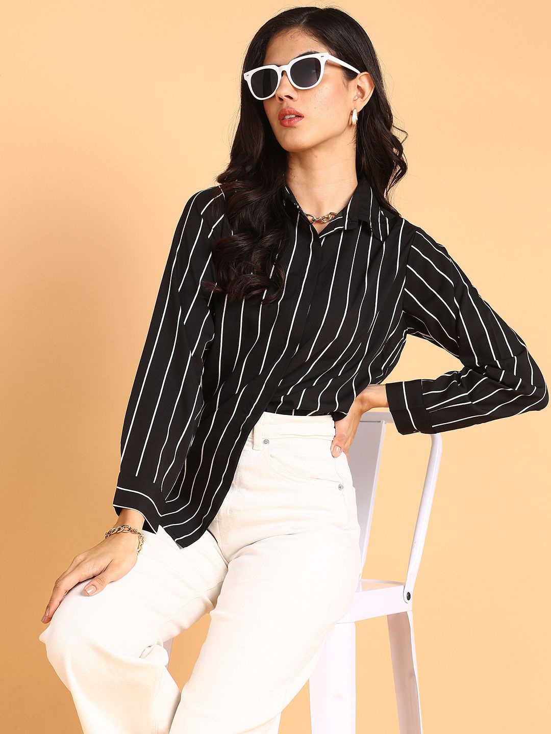 

Fashfun Women Spread Collar Vertical Striped Relaxed Fit Casual Shirt, Black