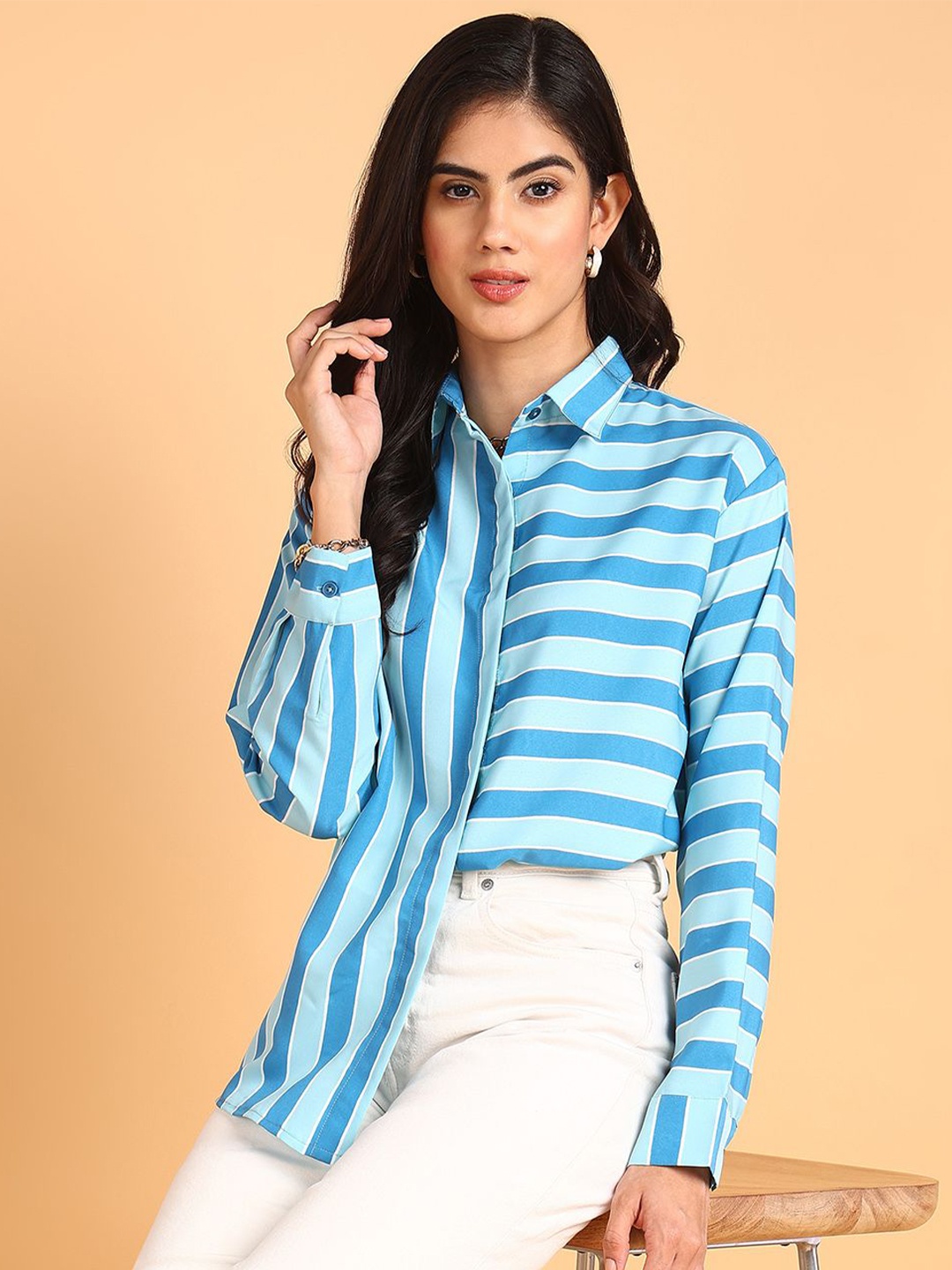 

Fashfun Women Spread Collar Multi Striped Relaxed Fit Casual Shirt, Blue