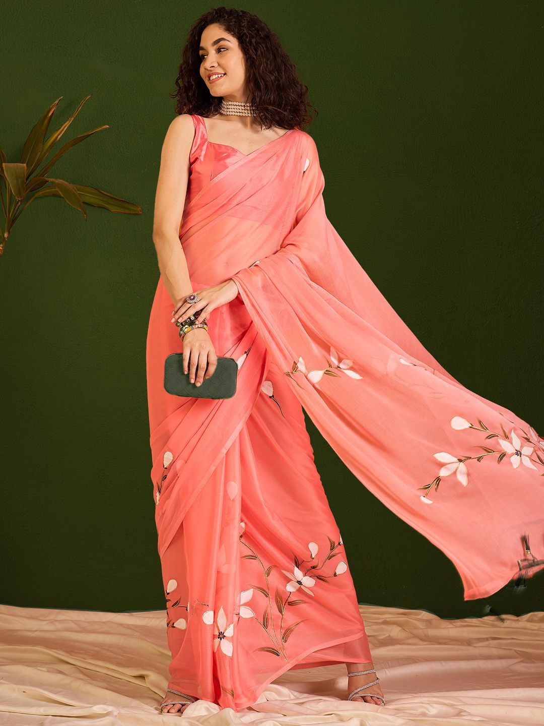

Sangria Floral Hand Printed Saree with Blouse Piece, Pink