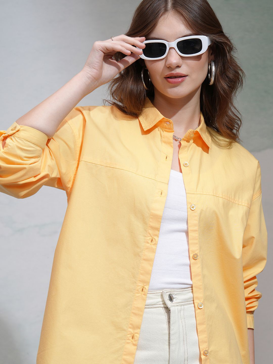 

Tokyo Talkies Women Solid Oversized Shirt, Yellow