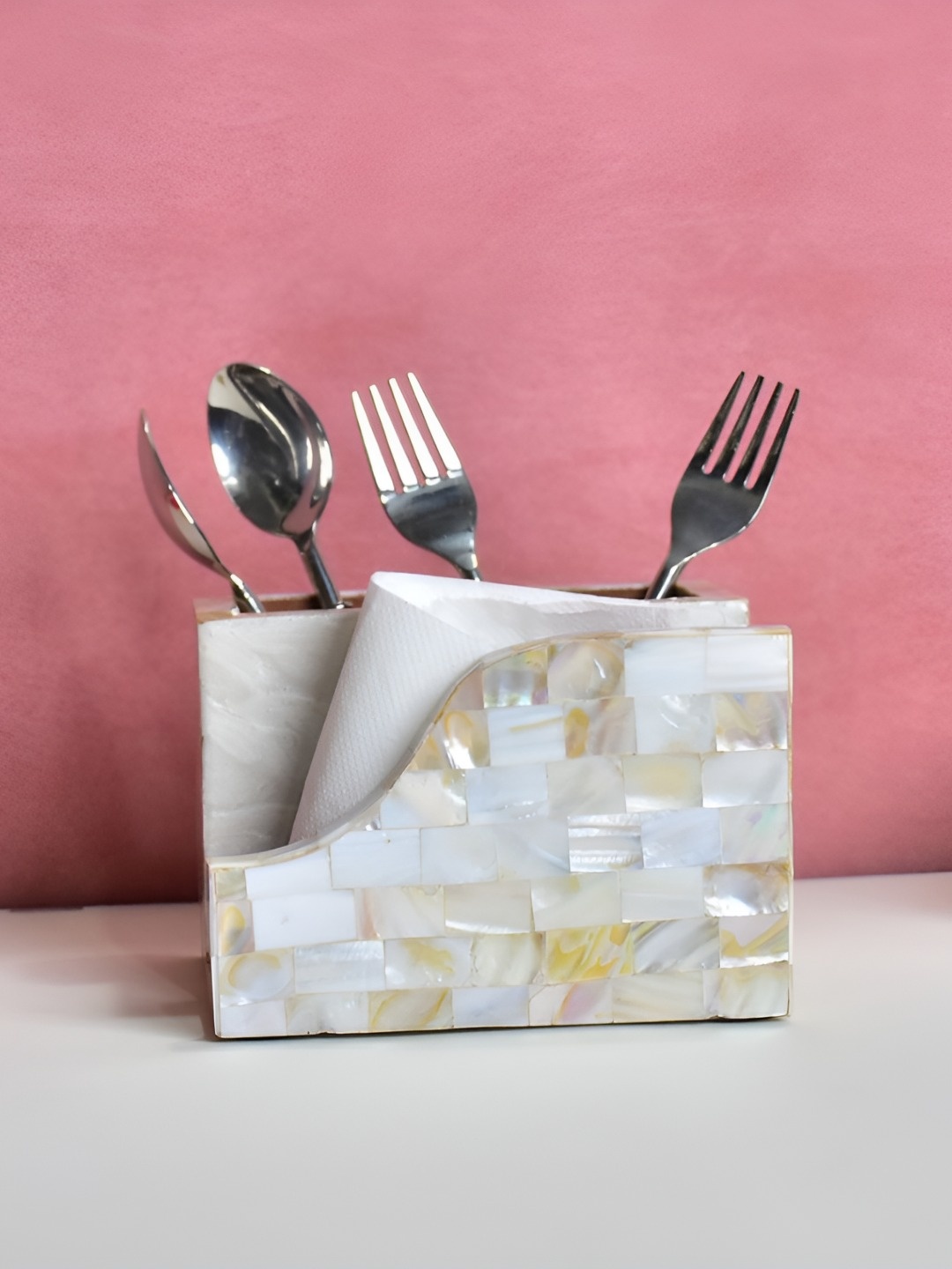 

THE HOME CO. White & Beige Wooden Tissue Holder