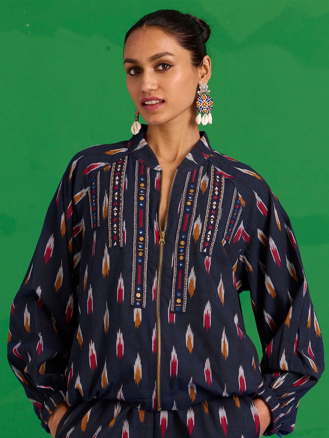 

OKHAI Women Stand Collar Abstract Printed Cotton Casual Bomber Jacket, Navy blue