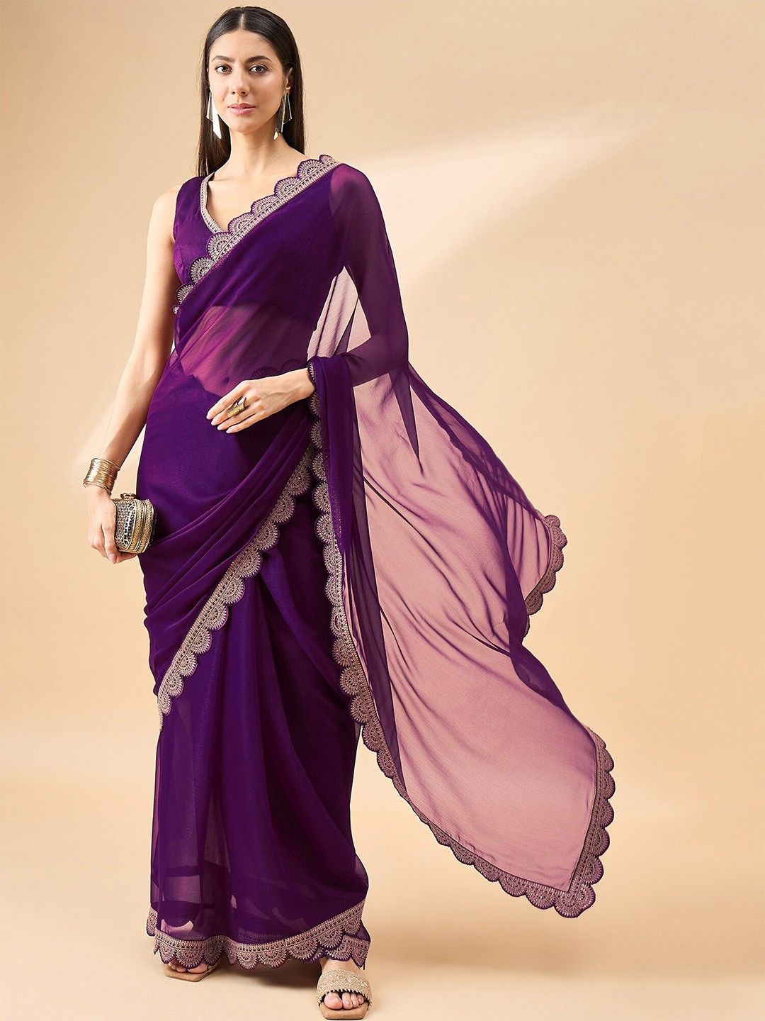 

PHORIA STYLE Embroidered Pure Georgette Saree, Purple