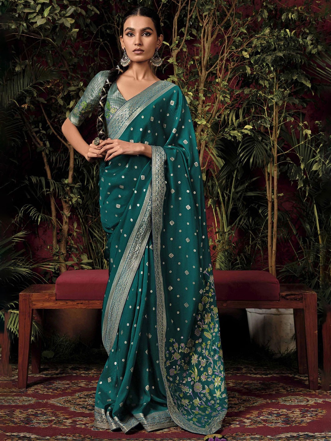 

MAHALASA Ethnic Motifs Zari Pure Silk Banarasi Saree, Sea green