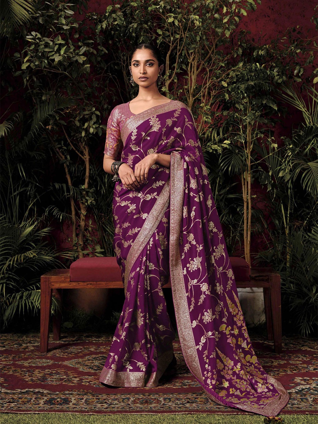 

MAHALASA Ethnic Motifs Zari Pure Silk Designer Banarasi Saree, Purple