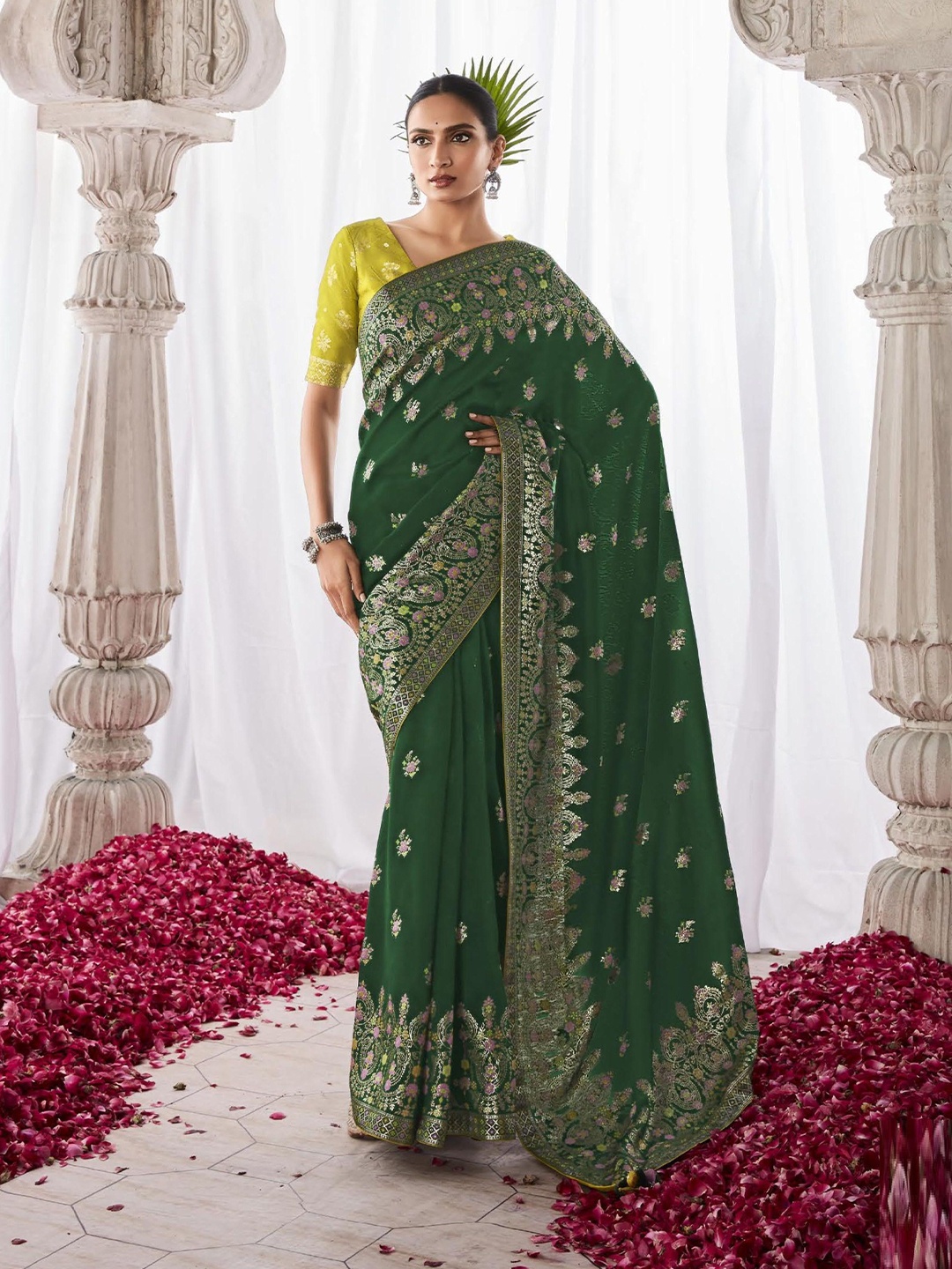 

MAHALASA Woven Design Zari Pure Silk Banarasi Saree, Green