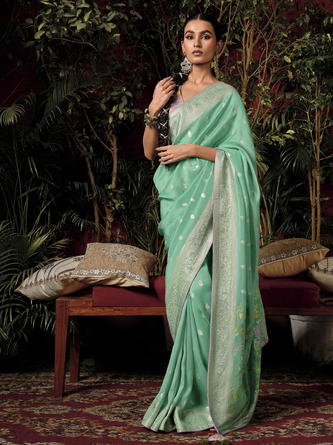 

MAHALASA Ethnic Motifs Zari Pure Silk Banarasi Saree, Sea green