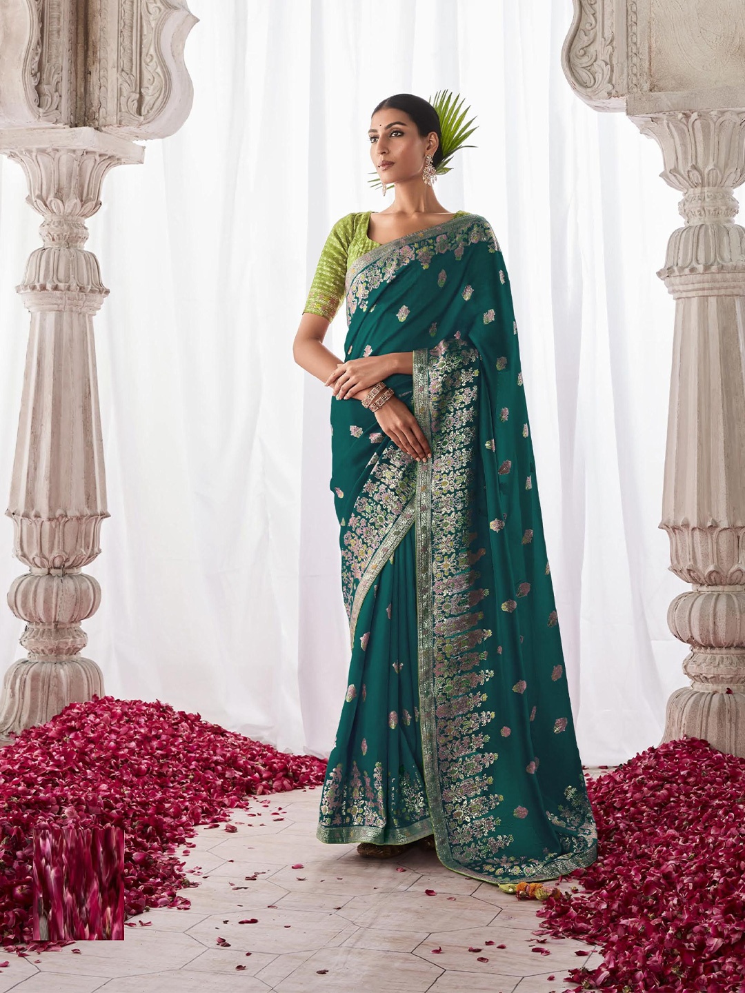 

MAHALASA Ethnic Motifs Zari Pure Silk Designer Banarasi Saree, Teal