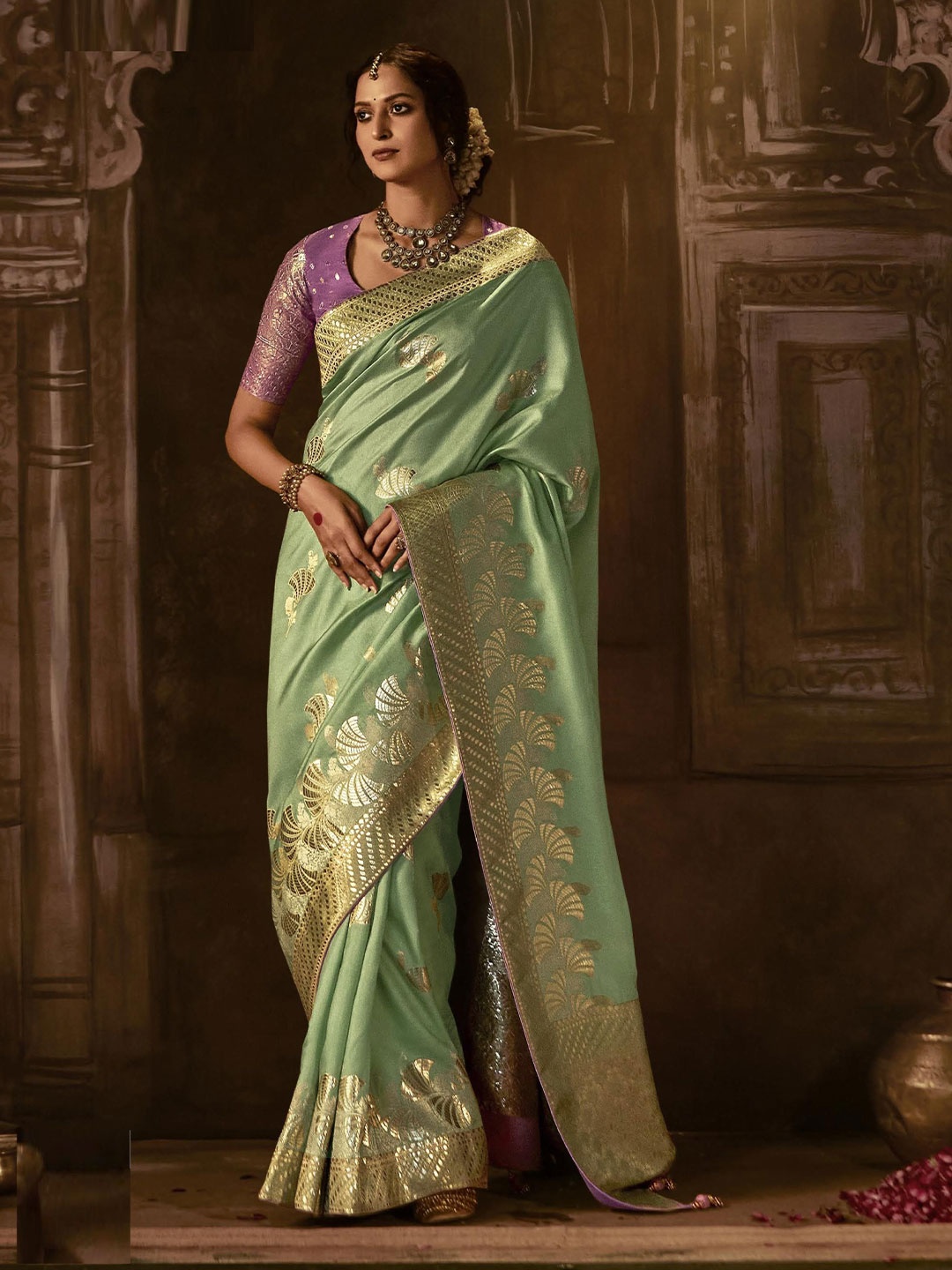 

MAHALASA Ethnic Motifs Zari Pure Silk Banarasi Saree, Sea green