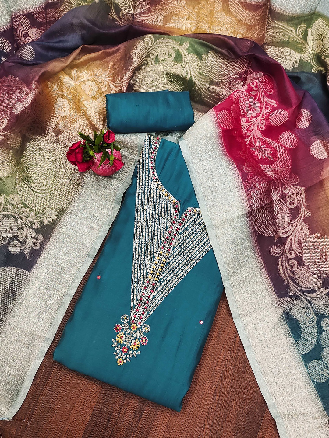 

Maroosh Floral Sequence Embellished Unstitched Dress Material, Teal