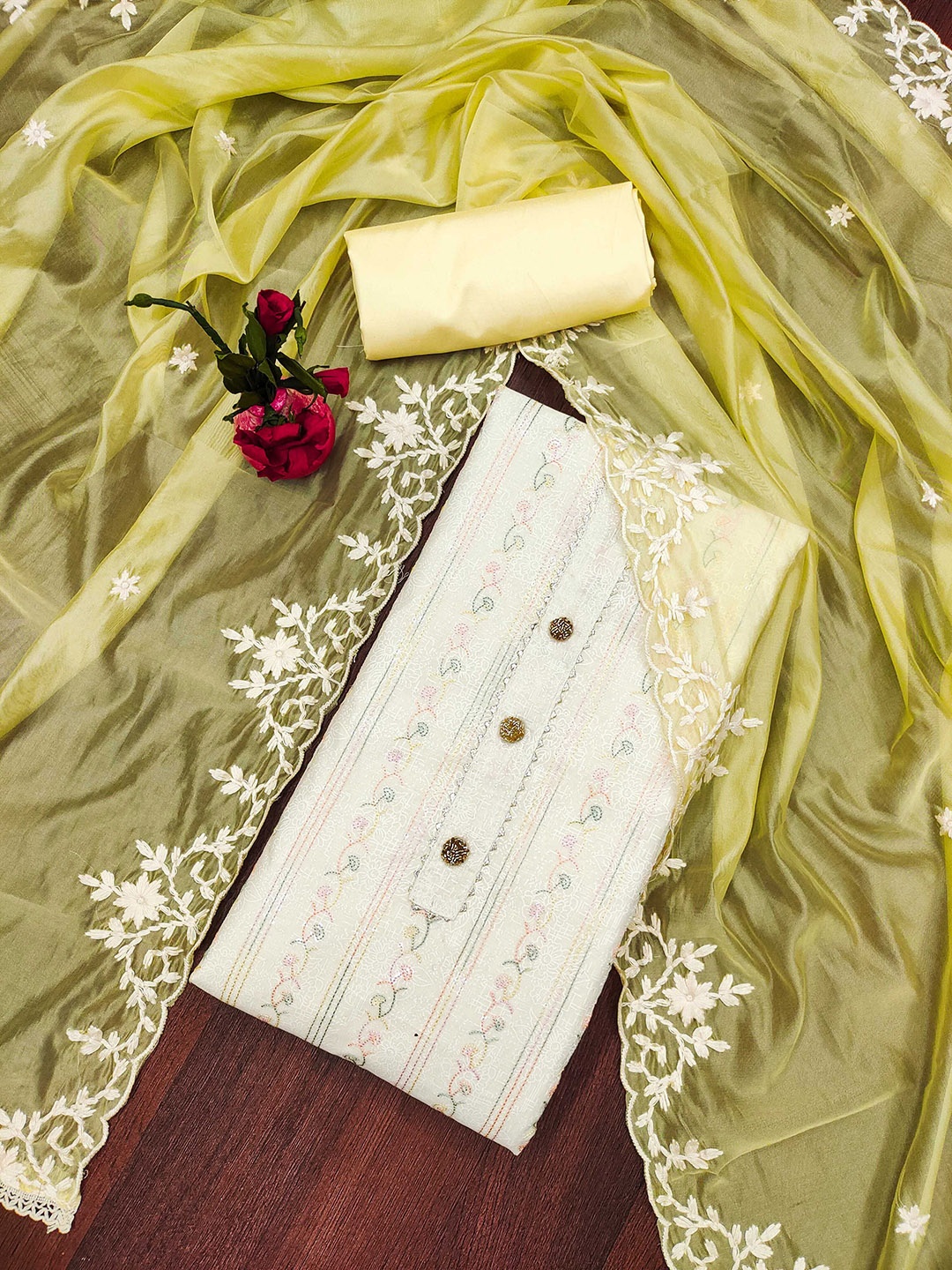 

Maroosh Floral Embroidered Unstitched Dress Material, Off white