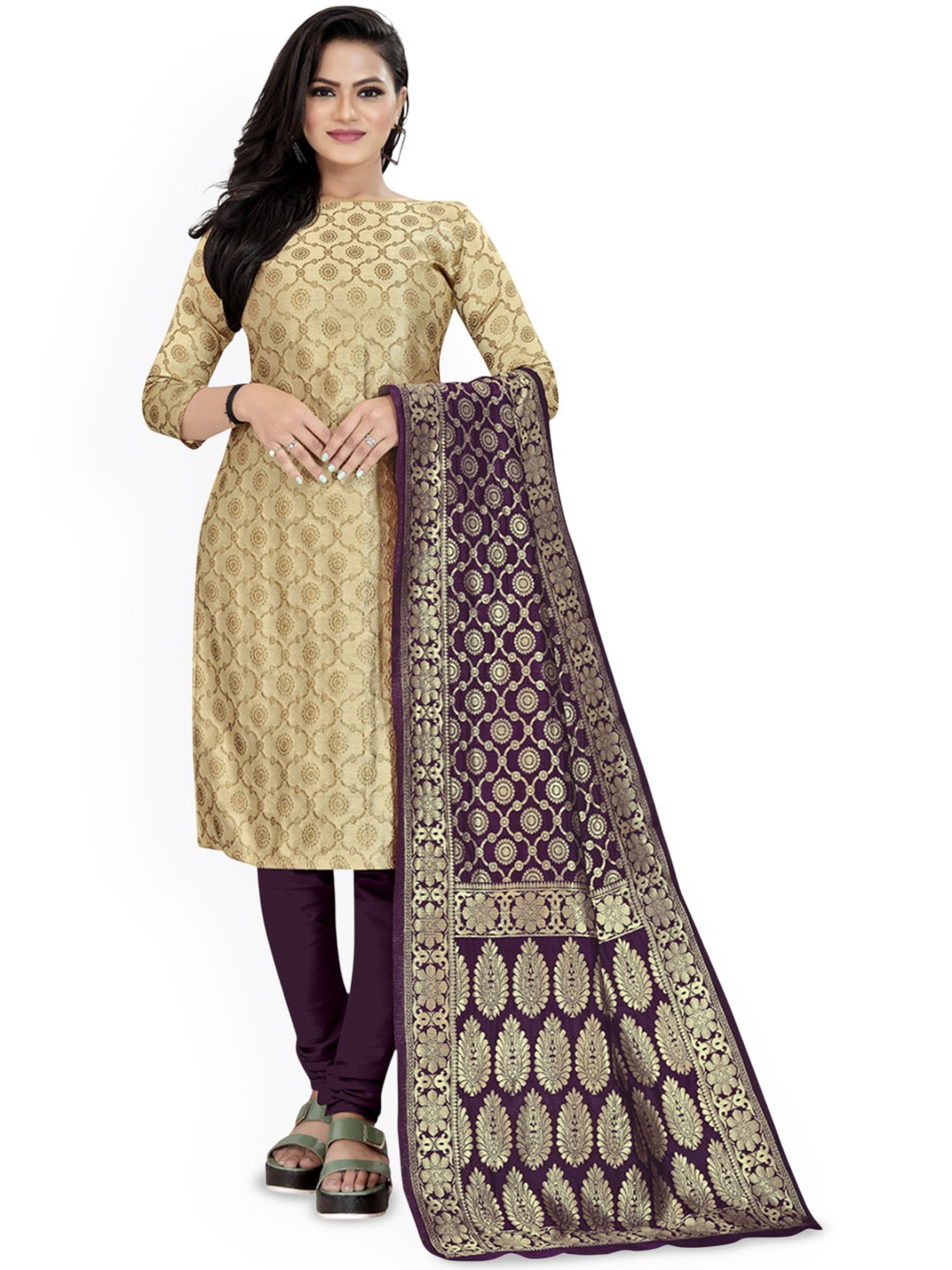 

Maroosh Ethnic Motifs Woven Design Banarasi Silk Unstitched Dress Material, Beige