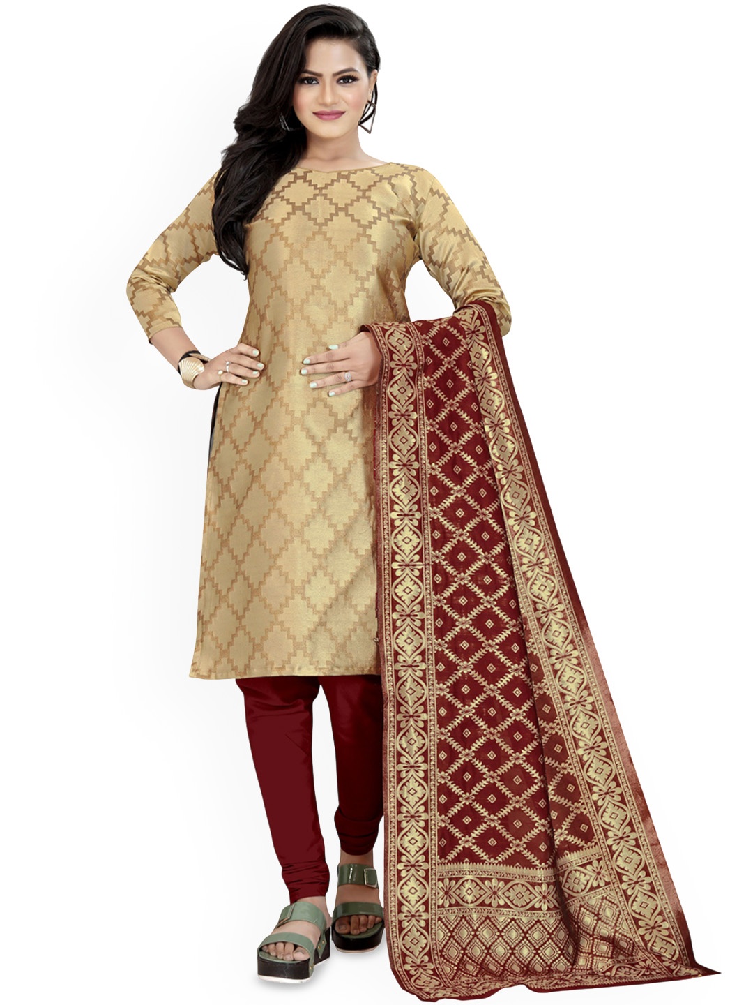 

Maroosh Geometric Woven Design Unstitched Dress Material, Beige
