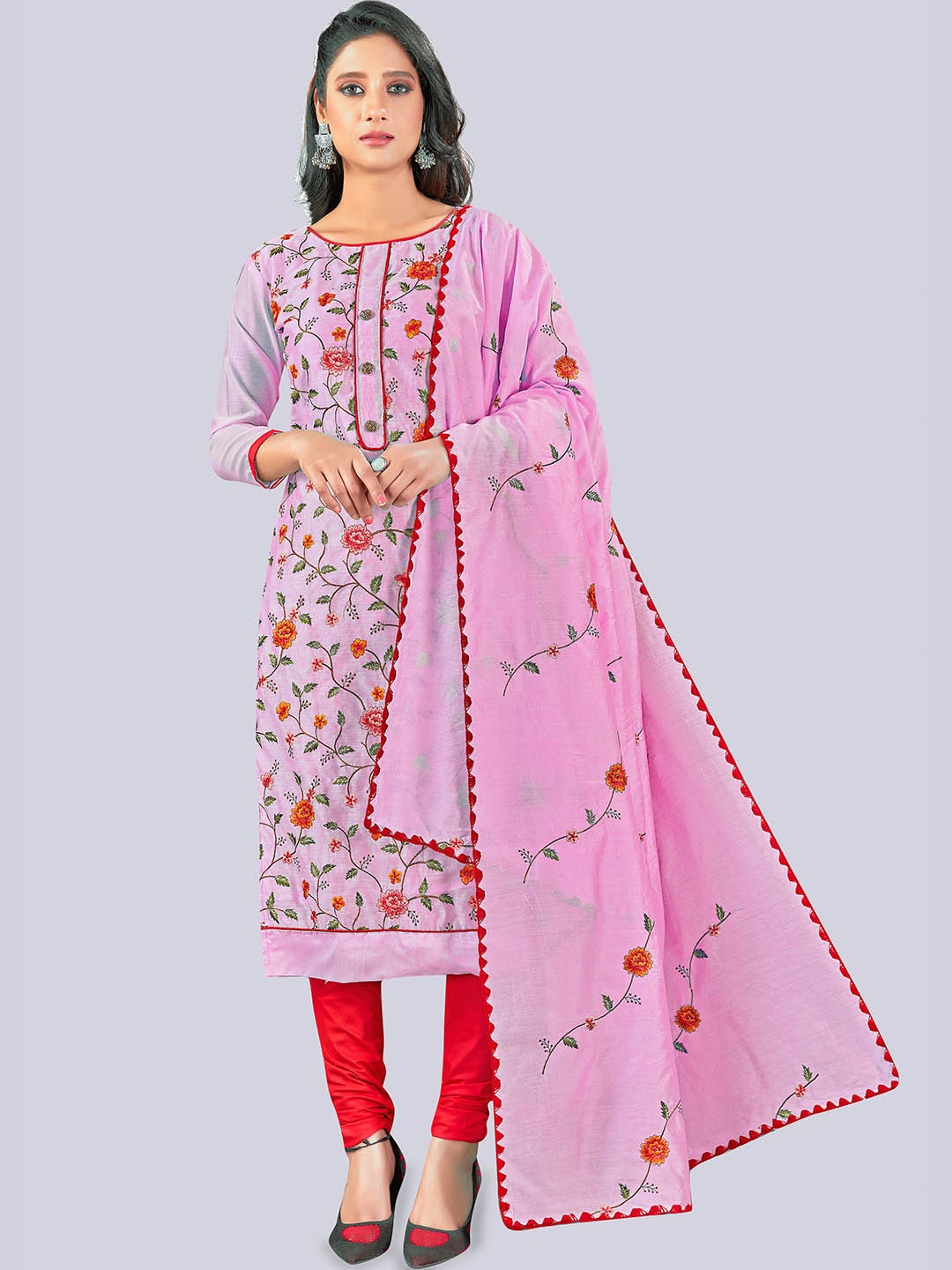 

Maroosh Floral Embroidered Unstitched Dress Material, Pink