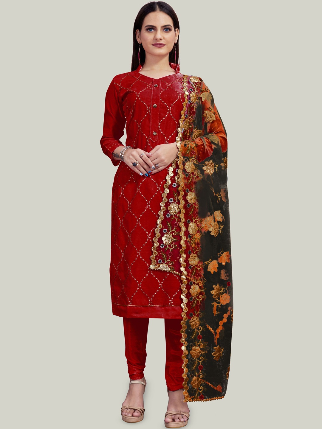 

Maroosh Chevron Embroidered Unstitched Dress Material, Red